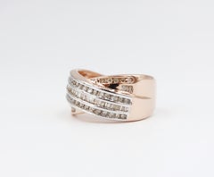 3-Row Channel Set Baguette Round Brilliant Diamond Crossover Gold Band Ring