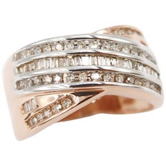 3-Row Channel Set Baguette Round Brilliant Diamond Crossover Gold Band Ring