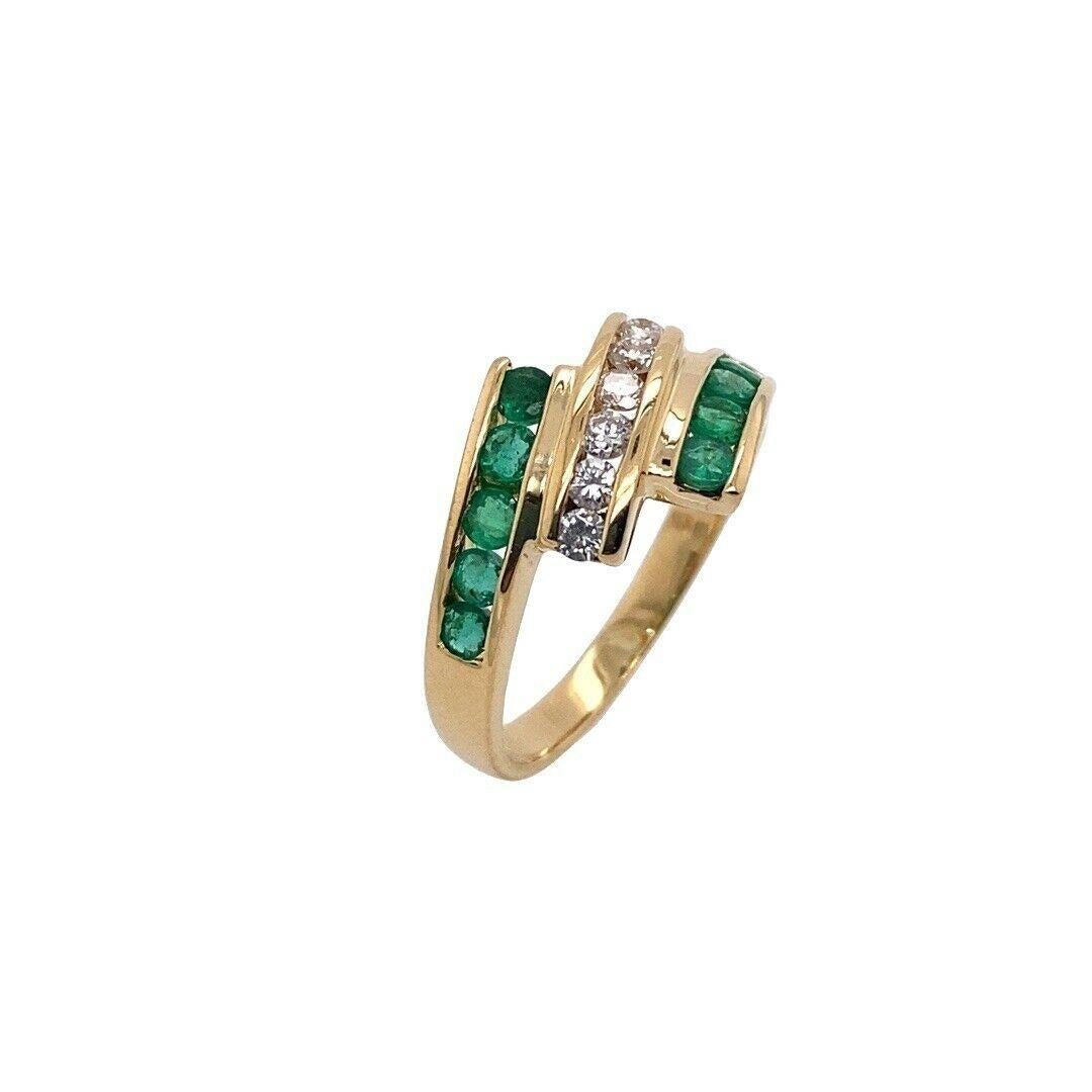 Round Cut 3-Row Emerald & Diamond Channel Set Ring in 18ct Yellow Gold For Sale