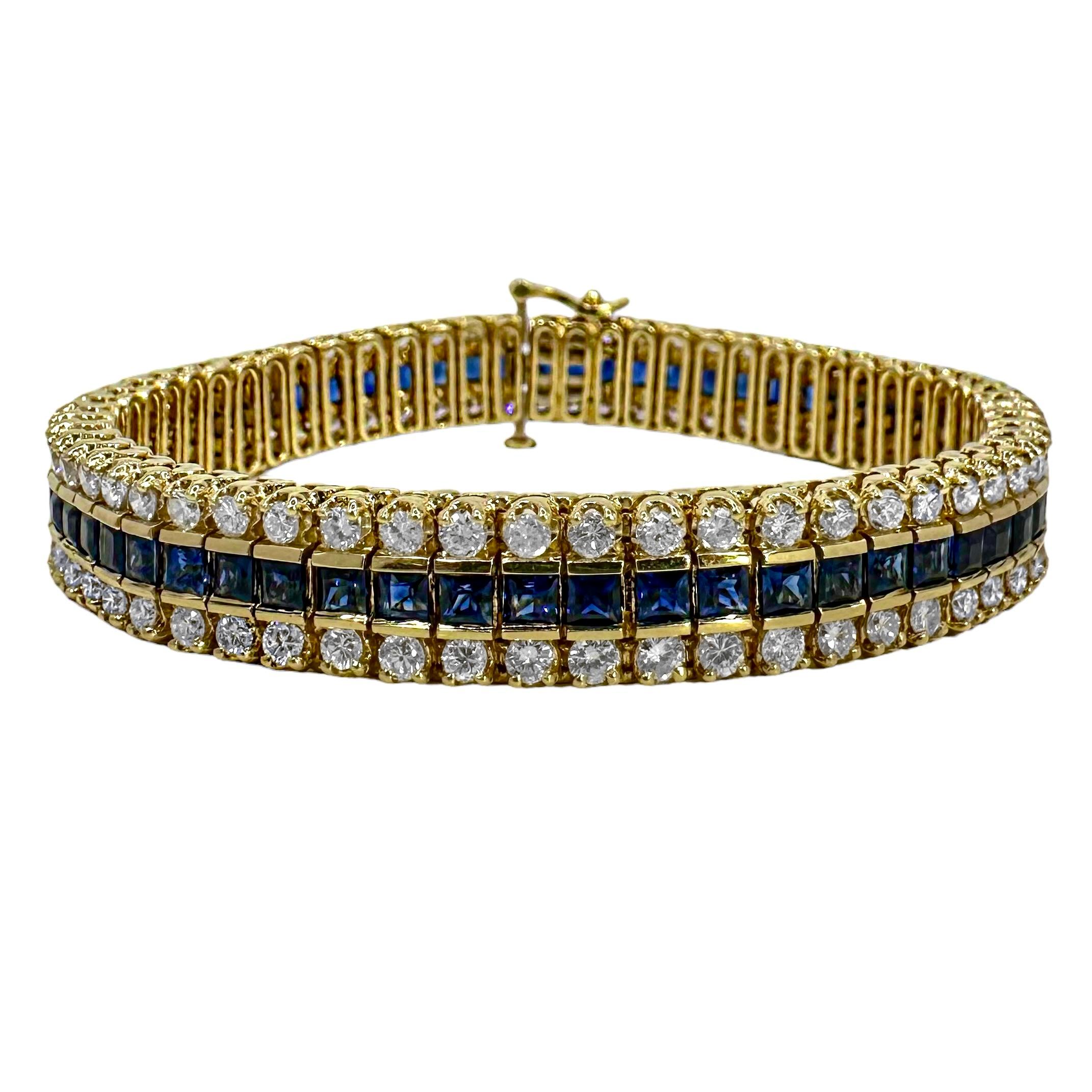 A beautifully made, classic three row bracelet in 14K yellow gold. Centered around a straight line of 45 square cut sapphires set in a channel, are two lines of brilliant cut diamonds, one above the sapphires and one below. The geometric gallery on