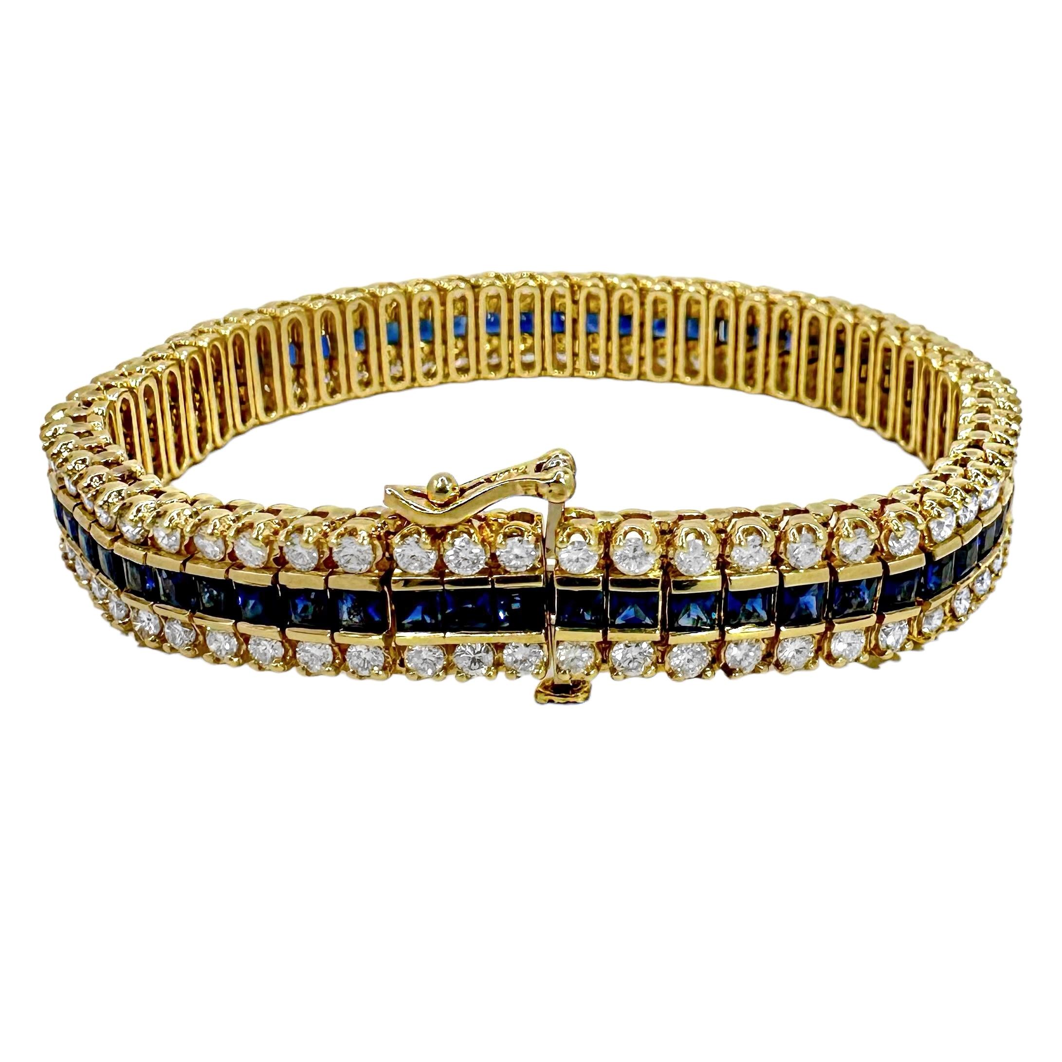 Modern 3 Row Gold Tennis Bracelet With 2 Diamond Rows Surrounding 1 Row of Sapphires For Sale