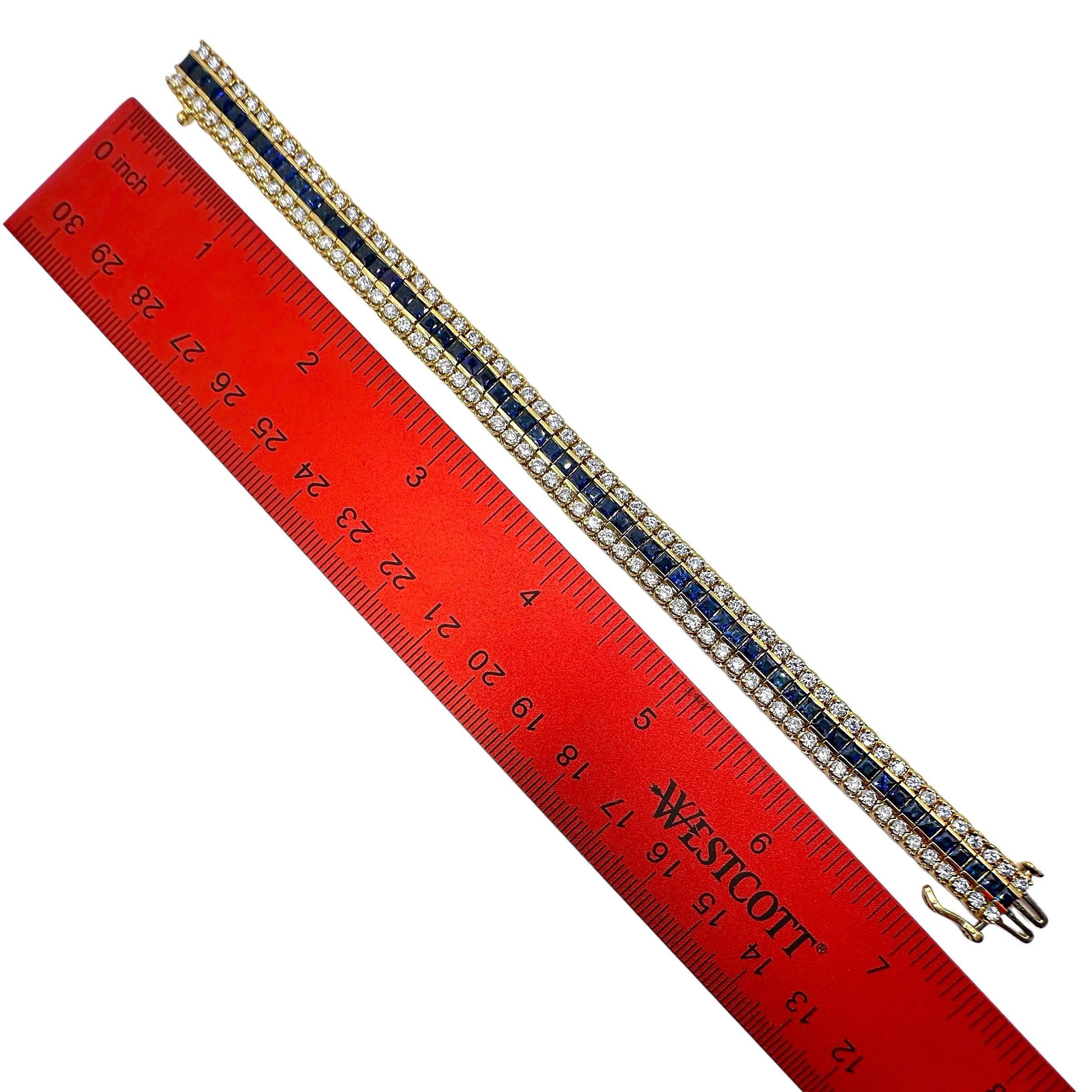 De las mujeres Pulsera de Tenis de Oro de 3 Filas con 2 Filas de Diamantes que Rodean 1 Fila de Zafiros en venta