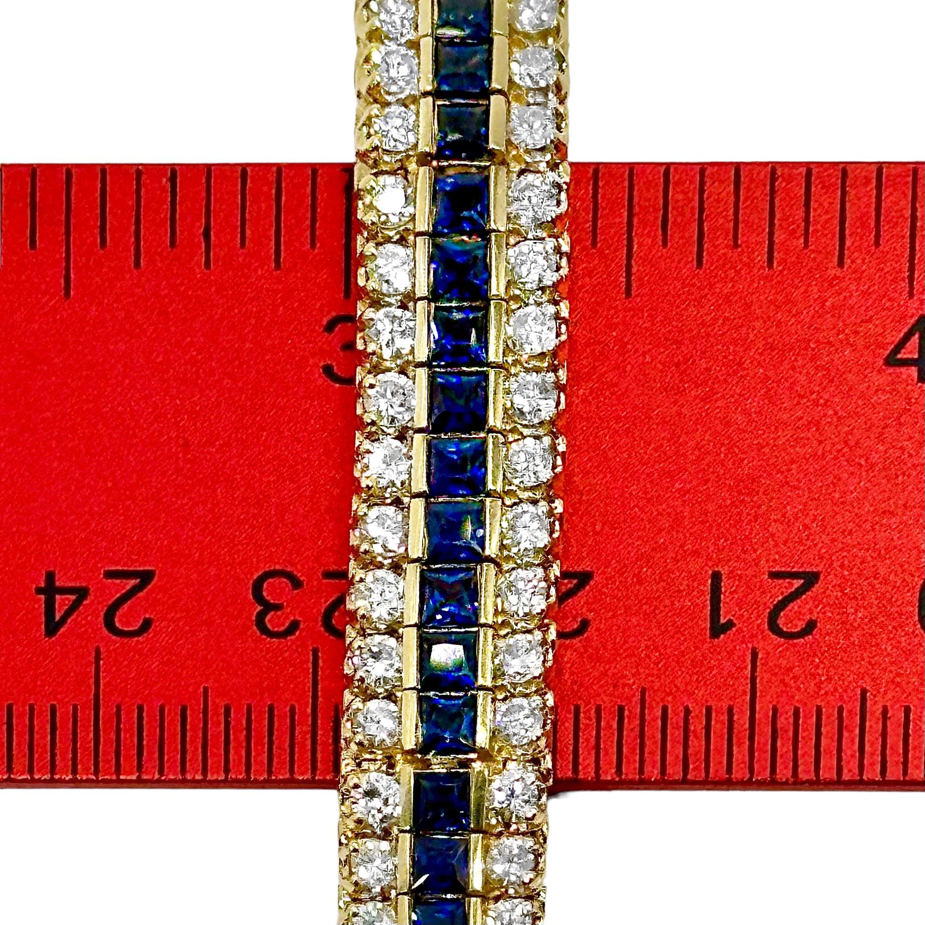 3 Row Gold Tennis Bracelet With 2 Diamond Rows Surrounding 1 Row of Sapphires For Sale 1