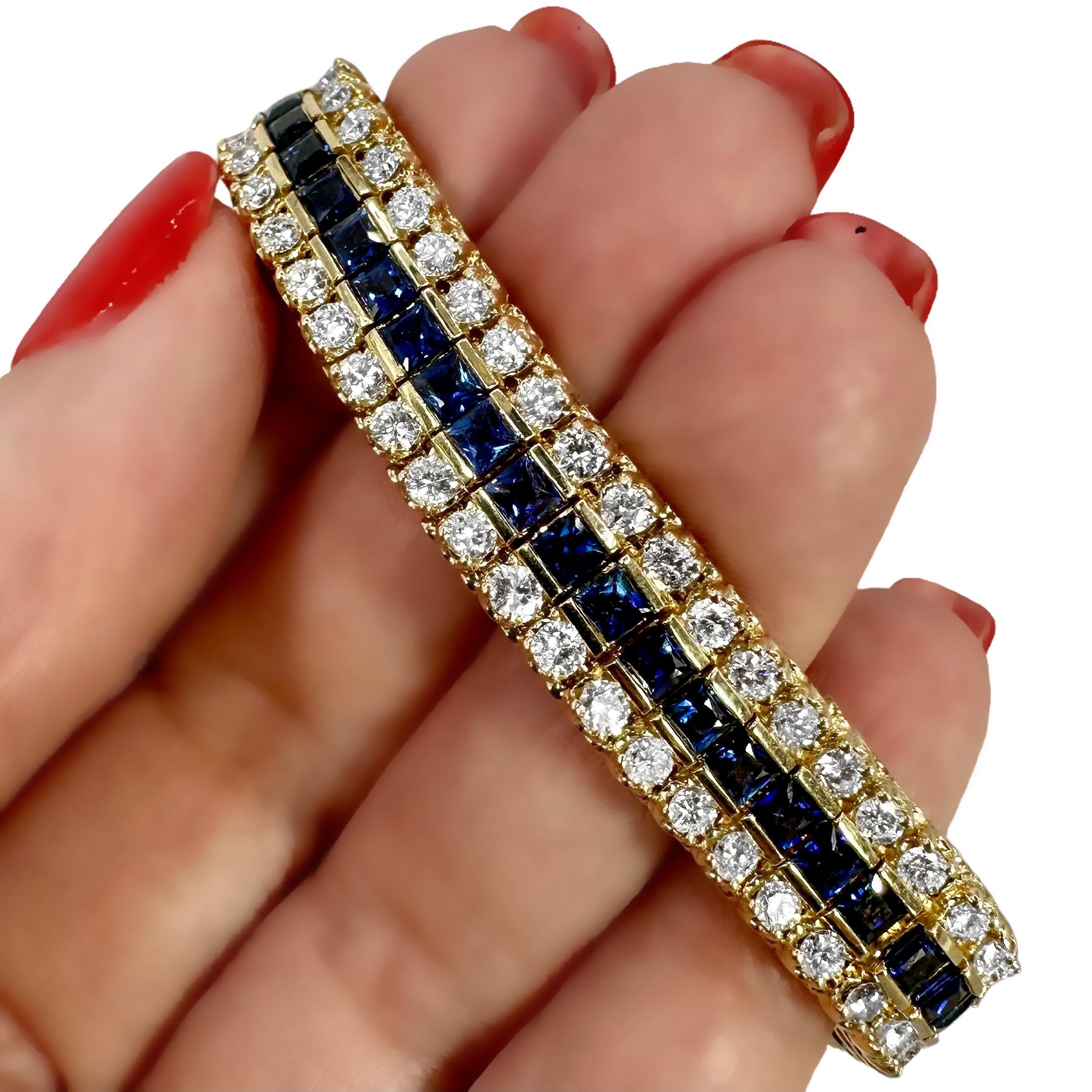 3 Row Gold Tennis Bracelet With 2 Diamond Rows Surrounding 1 Row of Sapphires For Sale 2