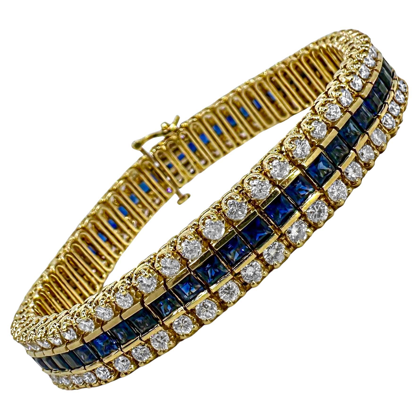 3 Row Gold Tennis Bracelet With 2 Diamond Rows Surrounding 1 Row of Sapphires For Sale