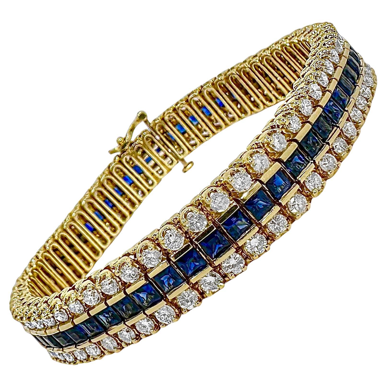 3reihiges Gold-Tennisarmband mit 2 Diamantenreihen, die 1 Reihe von Saphiren umgeben