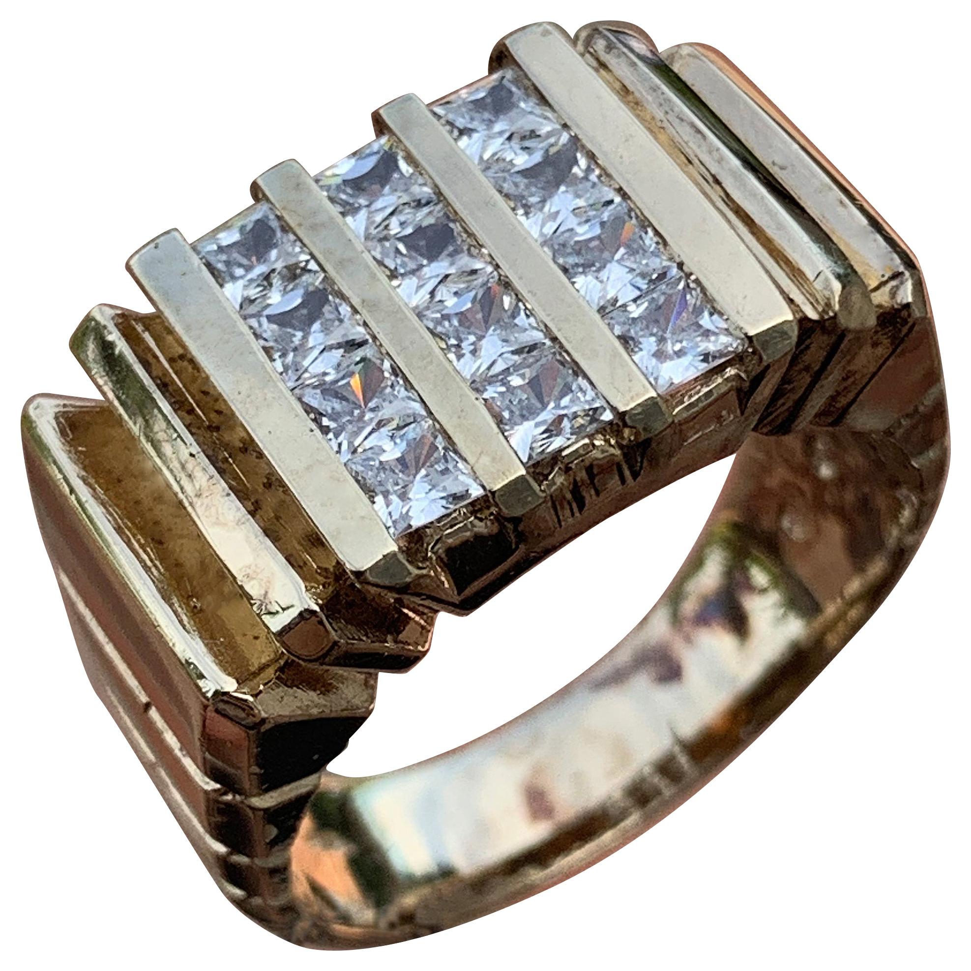Anillo de diamantes princesa para hombre/dama de 3 filas, 1,44 quilates, 10 quilates, diseño de Ben Dannie de los años 80