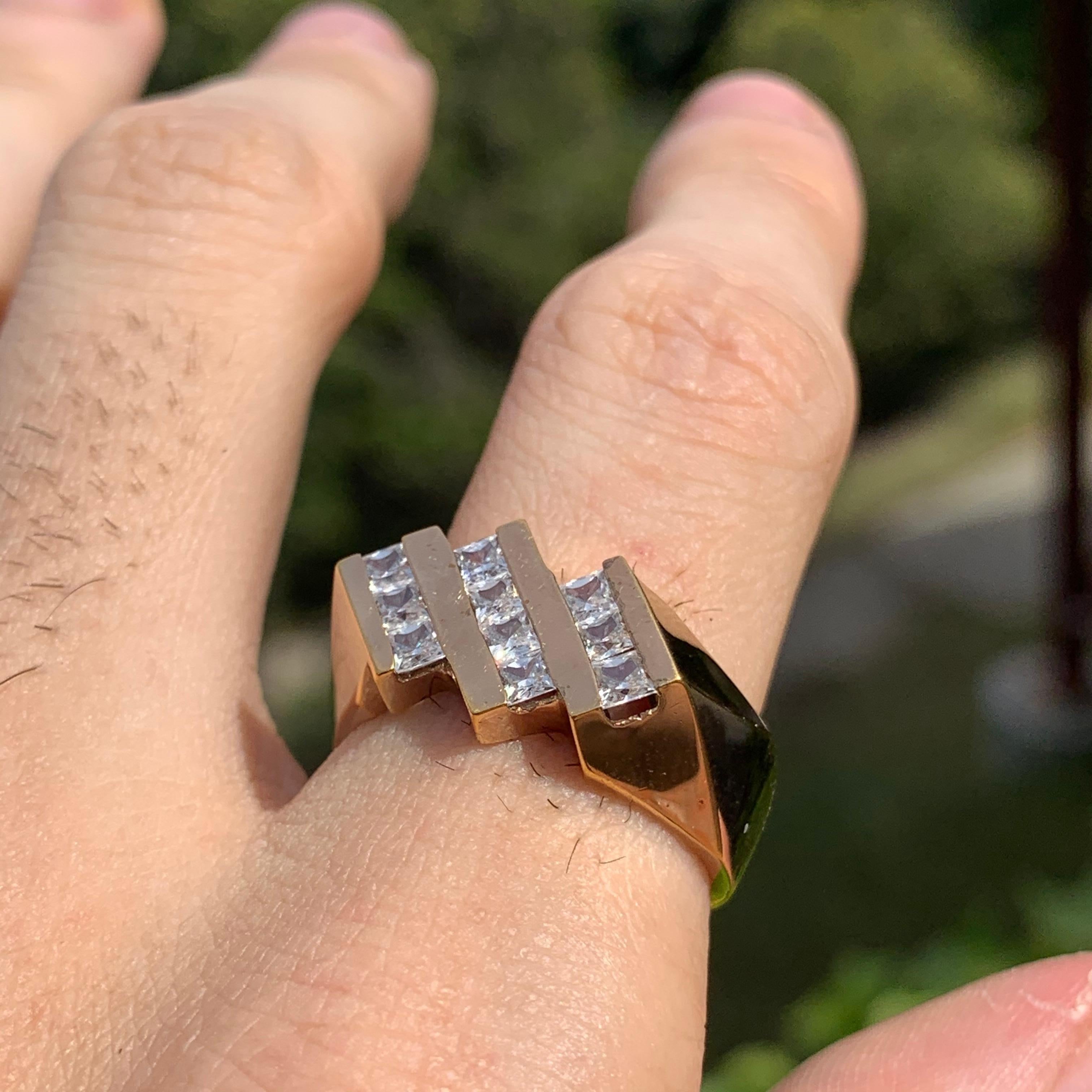 Retro 3-Row Mens / Ladies Princess Diamond Ring, 1.20 CTW, 10K, 1980s Ben Dannie Design For Sale