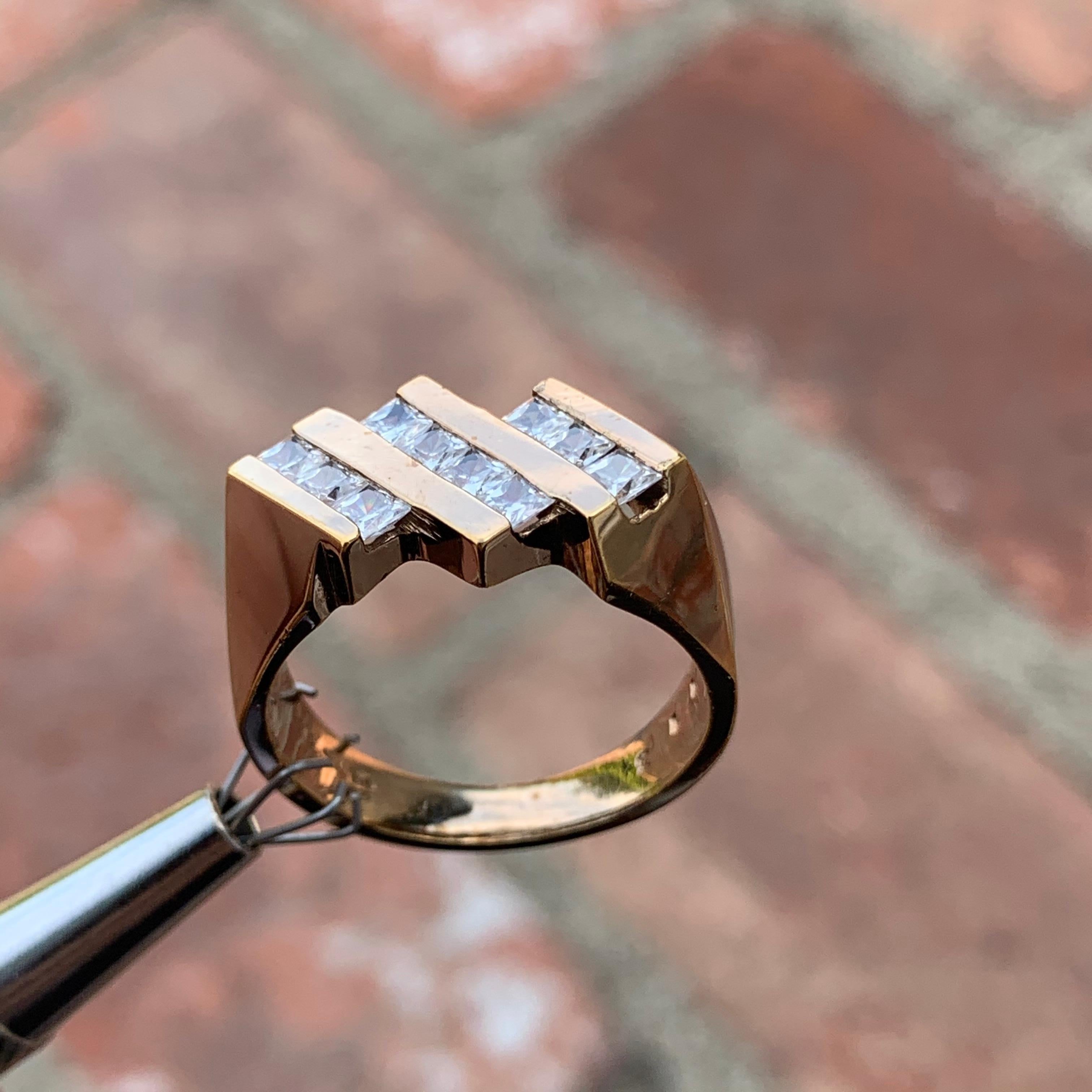 Princess Cut 3-Row Mens / Ladies Princess Diamond Ring, 1.20 CTW, 10K, 1980s Ben Dannie Design For Sale