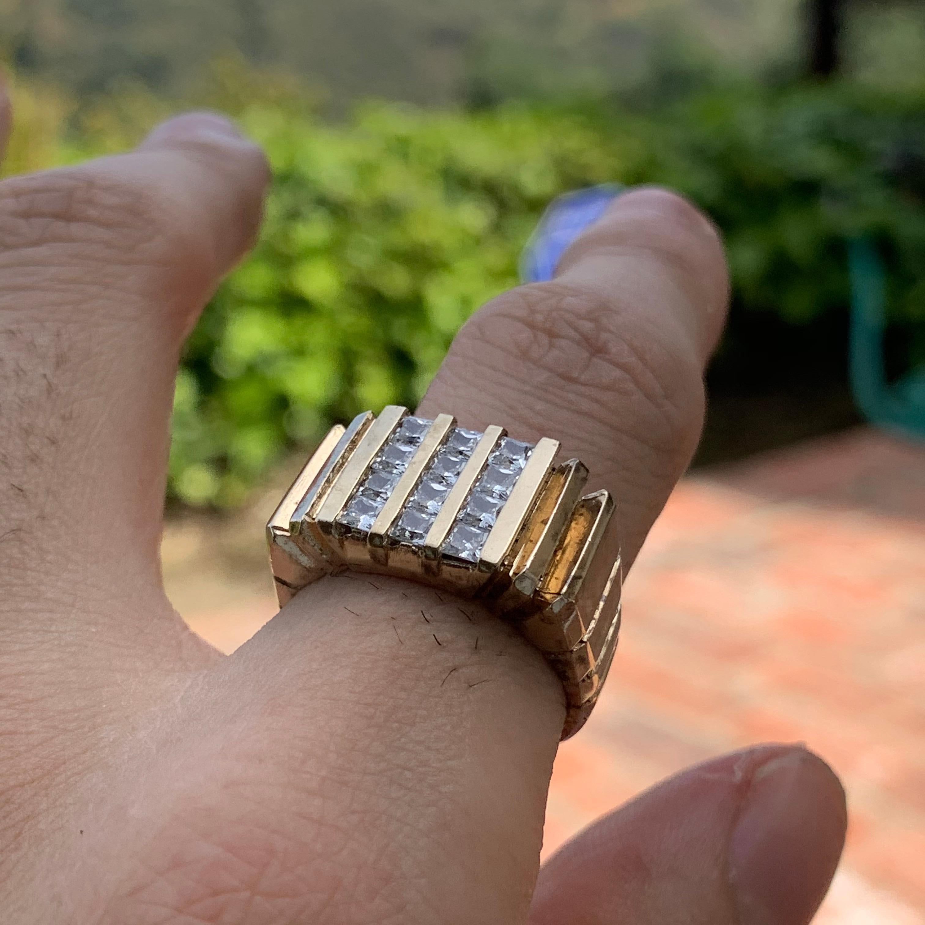 Retro 3 Row Men’s/Ladies Princess Diamond Ring, 1.44 CTW, 10K, 1980s Ben Dannie Design For Sale