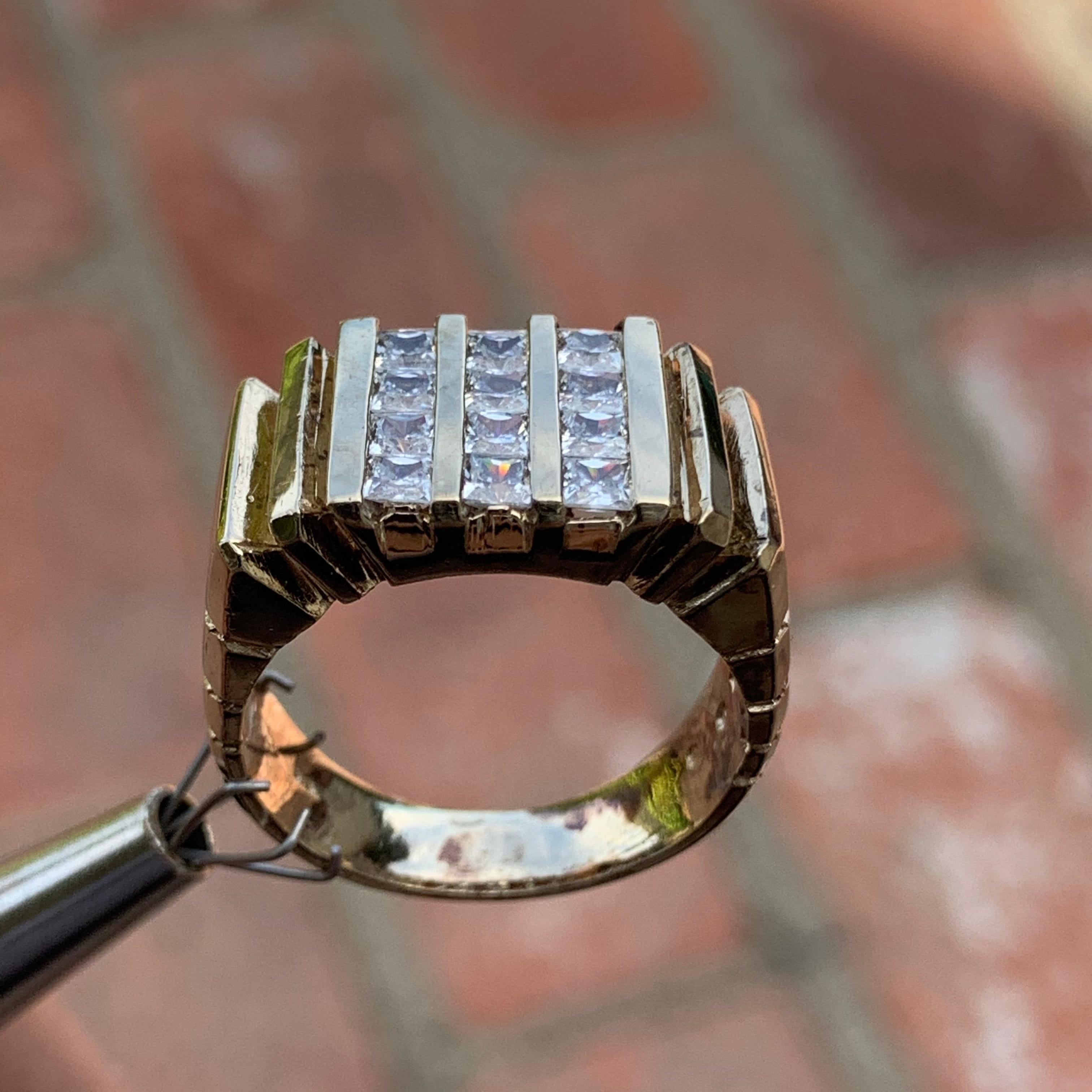 Round Cut 3 Row Men’s/Ladies Princess Diamond Ring, 1.44 CTW, 10K, 1980s Ben Dannie Design For Sale
