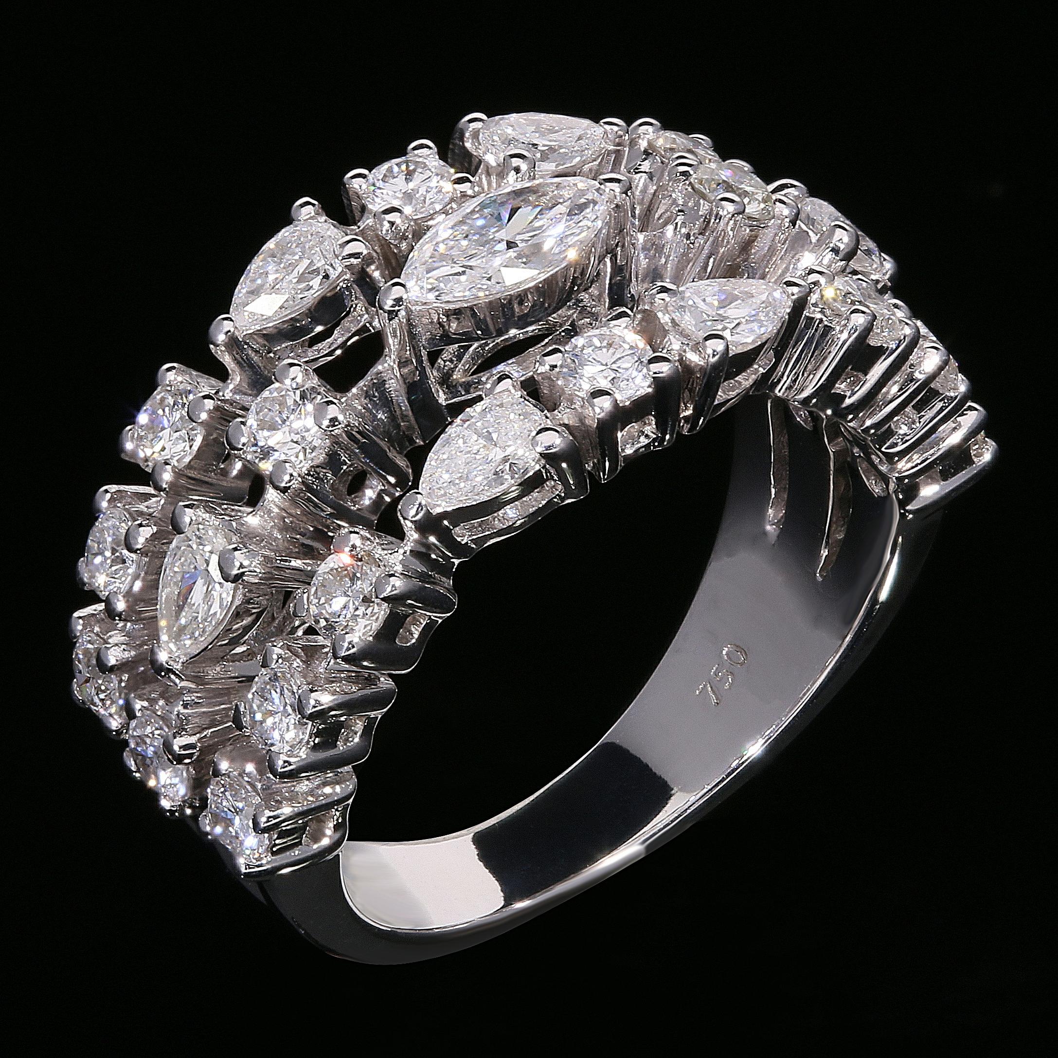 For Sale:  3 Row Multi Shape Diamond Cocktail Ring Set in 18Kt Gold 2