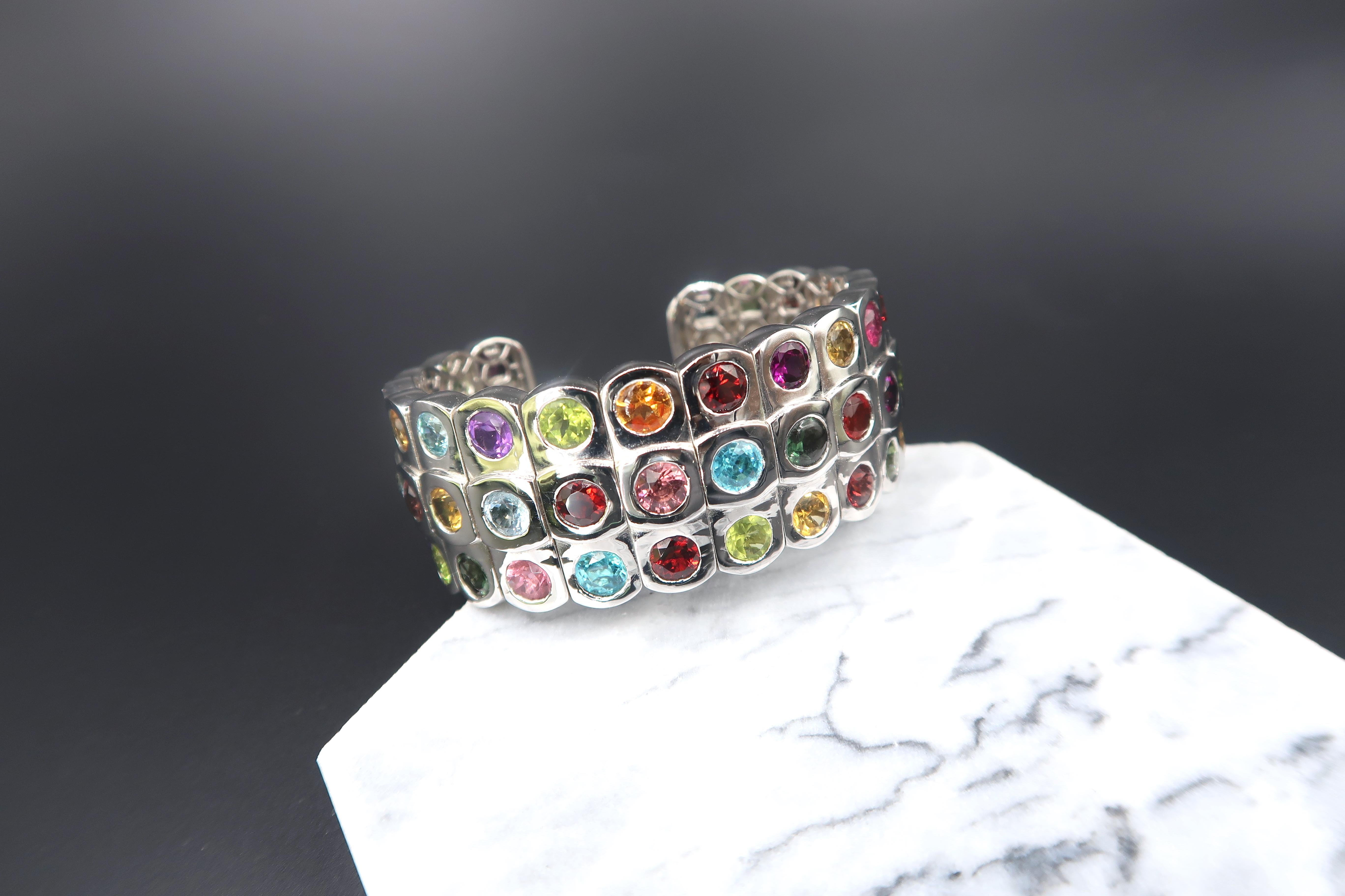 Modern 3-Row Multicolour Semi-Precious Gemstone 18 Karat White Gold Open Bangle Cuff For Sale