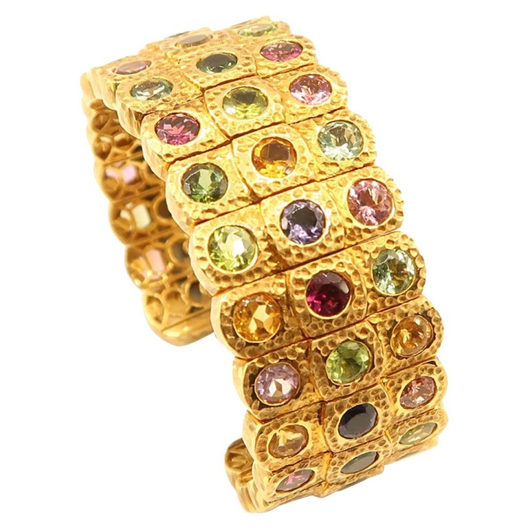 3-Row Multicolour Semi-Precious Gemstone Hammered 18K Gold Open Cuff Bangle For Sale