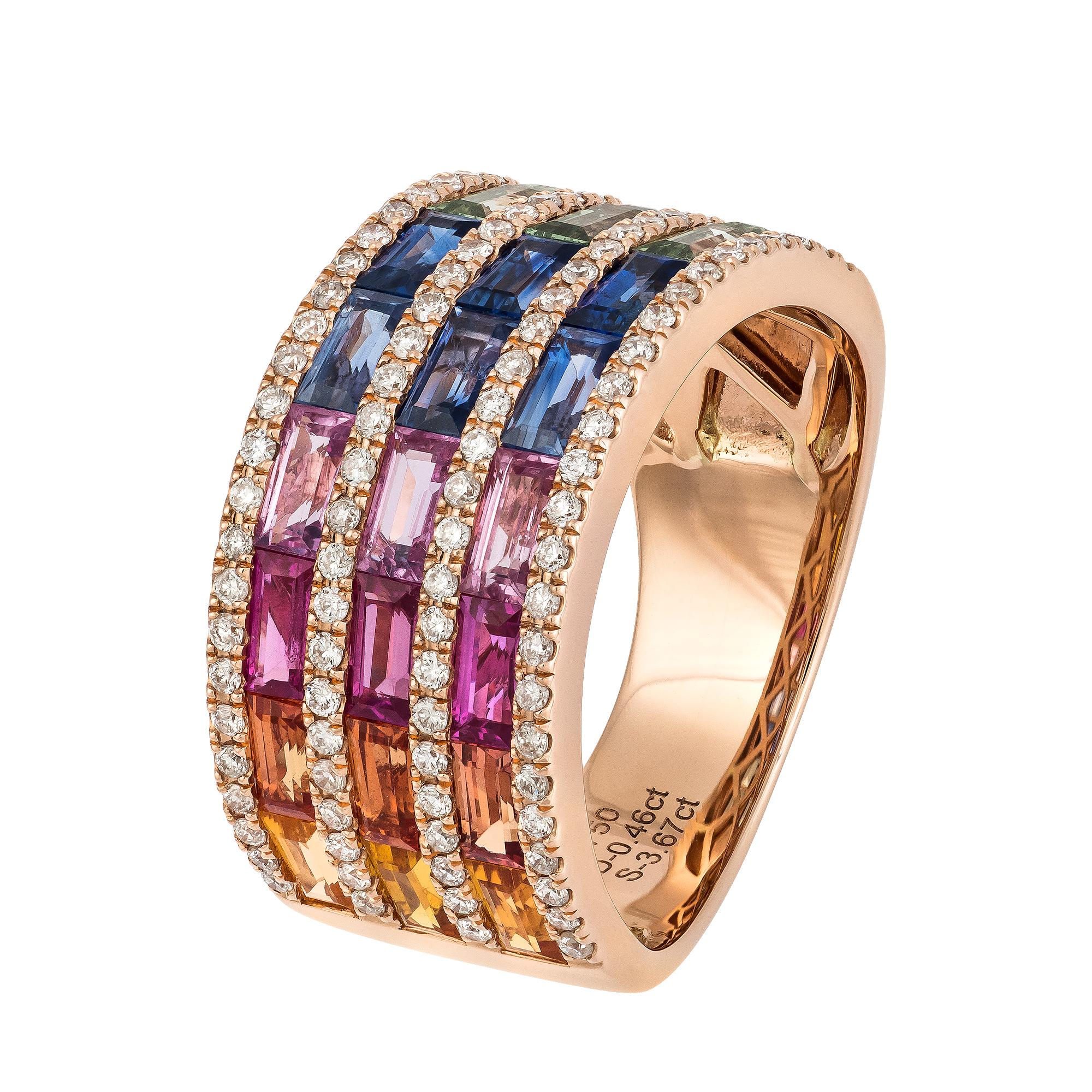 Round Cut 3-Row Multisapphire Diamond Rose Gold 18k Band Ring for Her For Sale