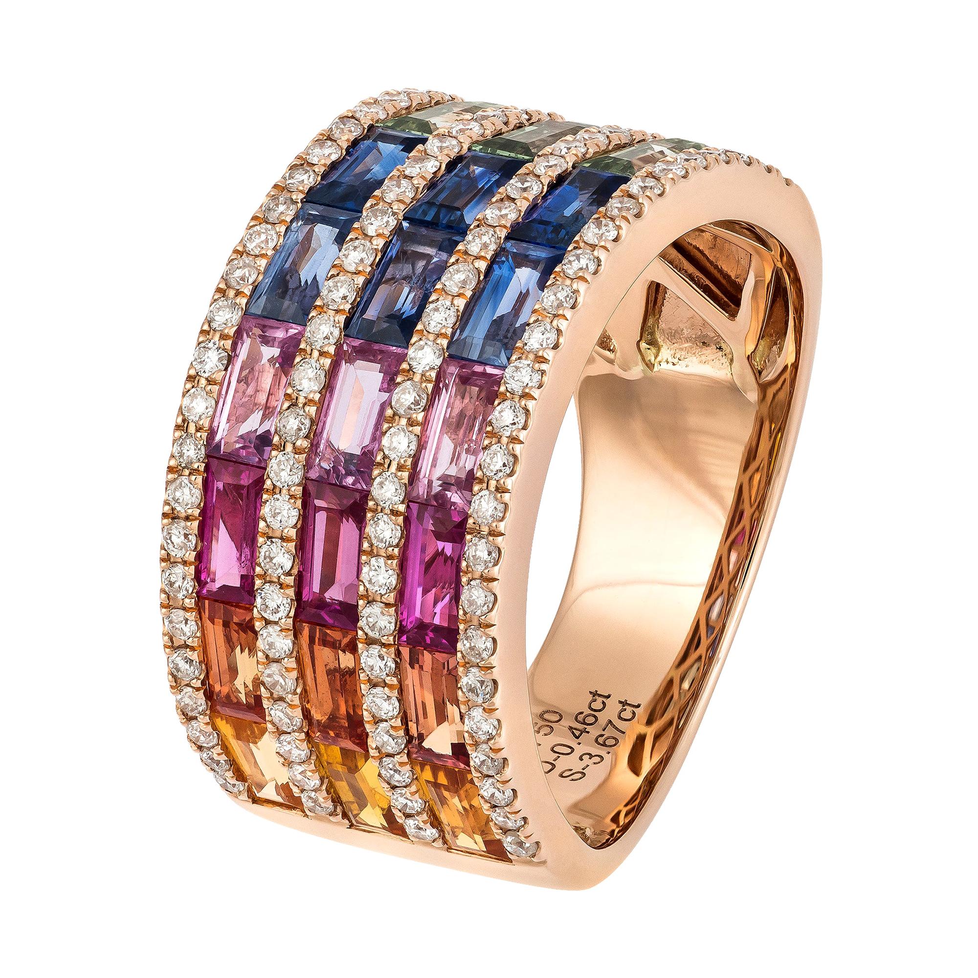 3-Row Multisapphire Diamond Rose Gold 18k Band Ring for Her