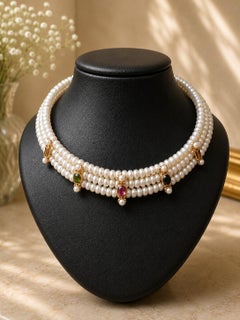 3 Row Pearl Flexible Choker Necklace w/ 18k Gold Tourmaline Sections Spacers
