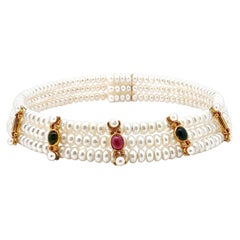 3 Row Pearl Flexible Choker Necklace w/ 18k Gold Tourmaline Sections Spacers