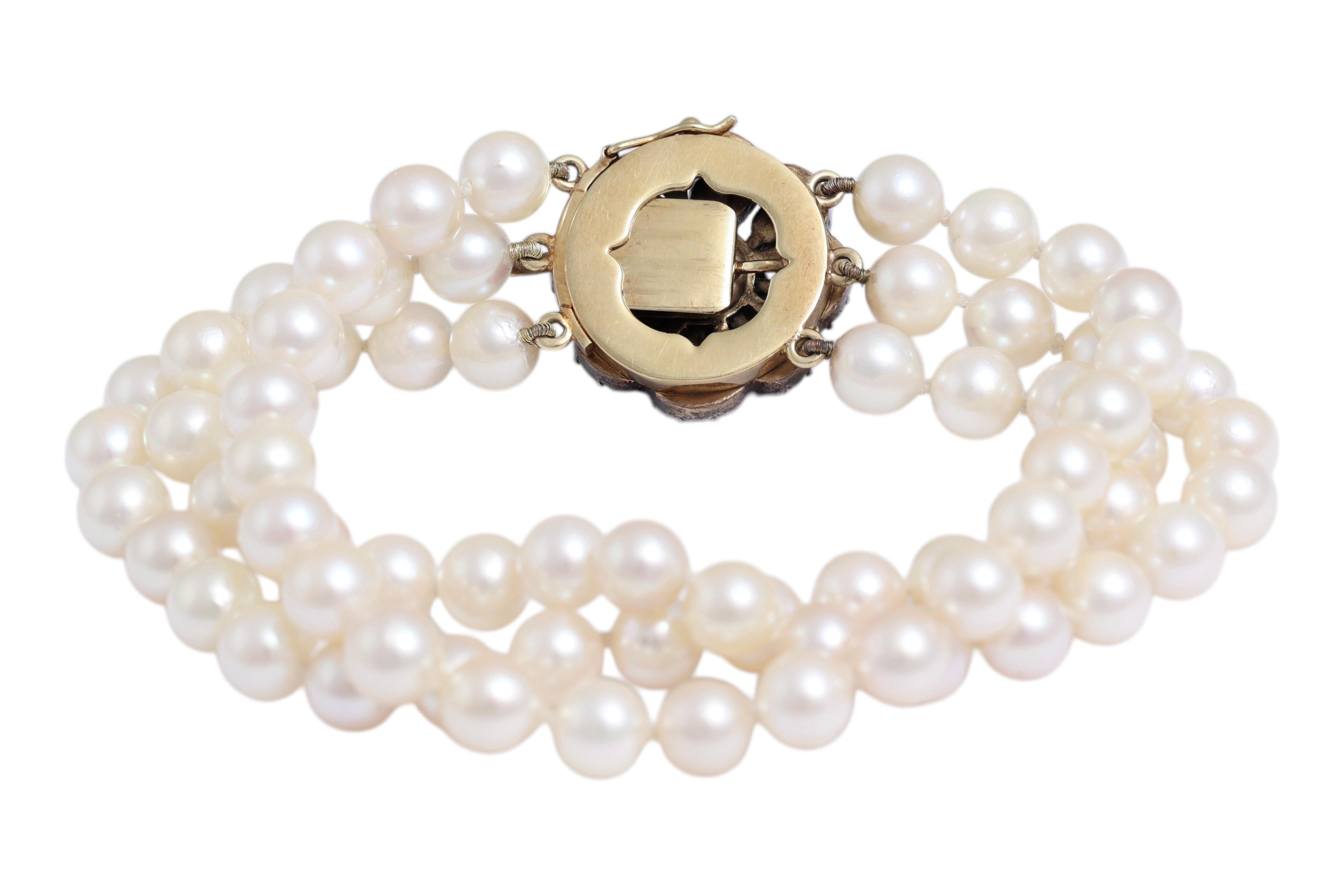 Bracciale a 3 file di perle in argento e oro e diamanti taglio rosa in vendita 4