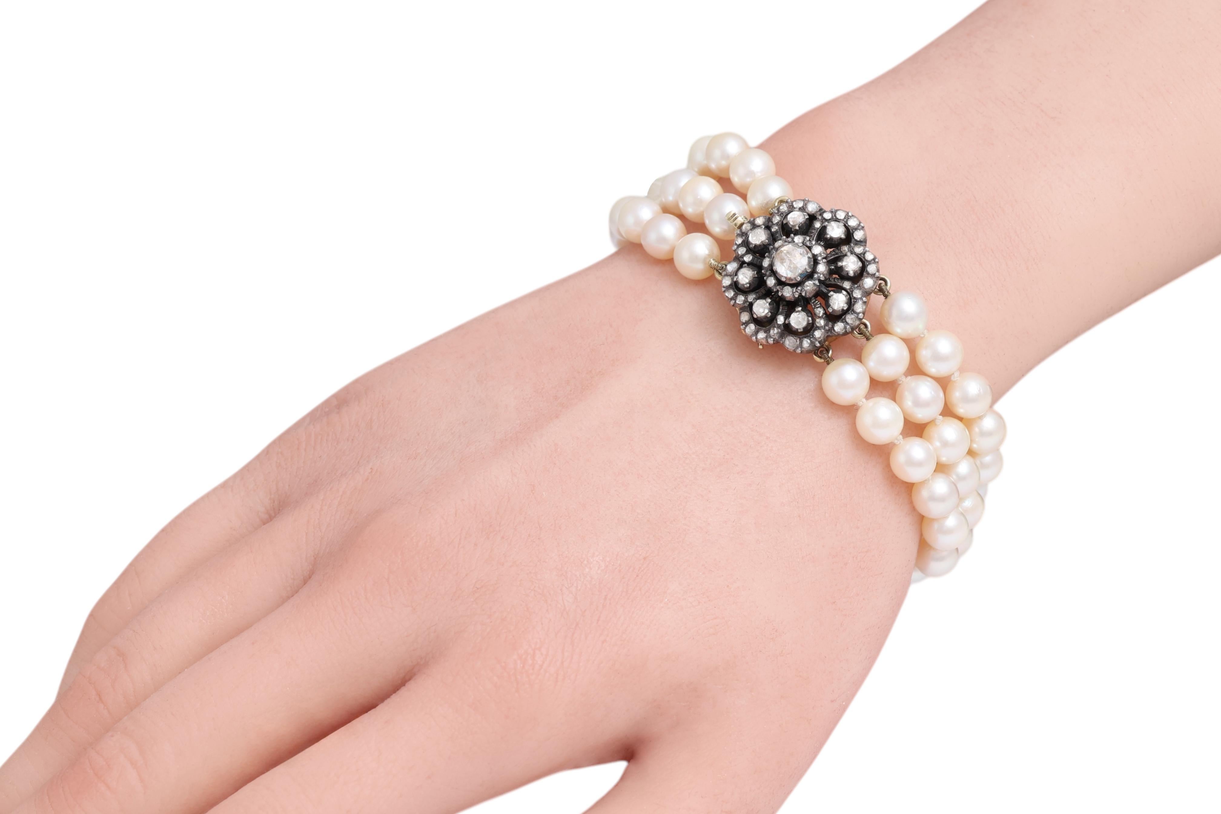 Bracciale a 3 file di perle in argento e oro e diamanti taglio rosa in vendita 5