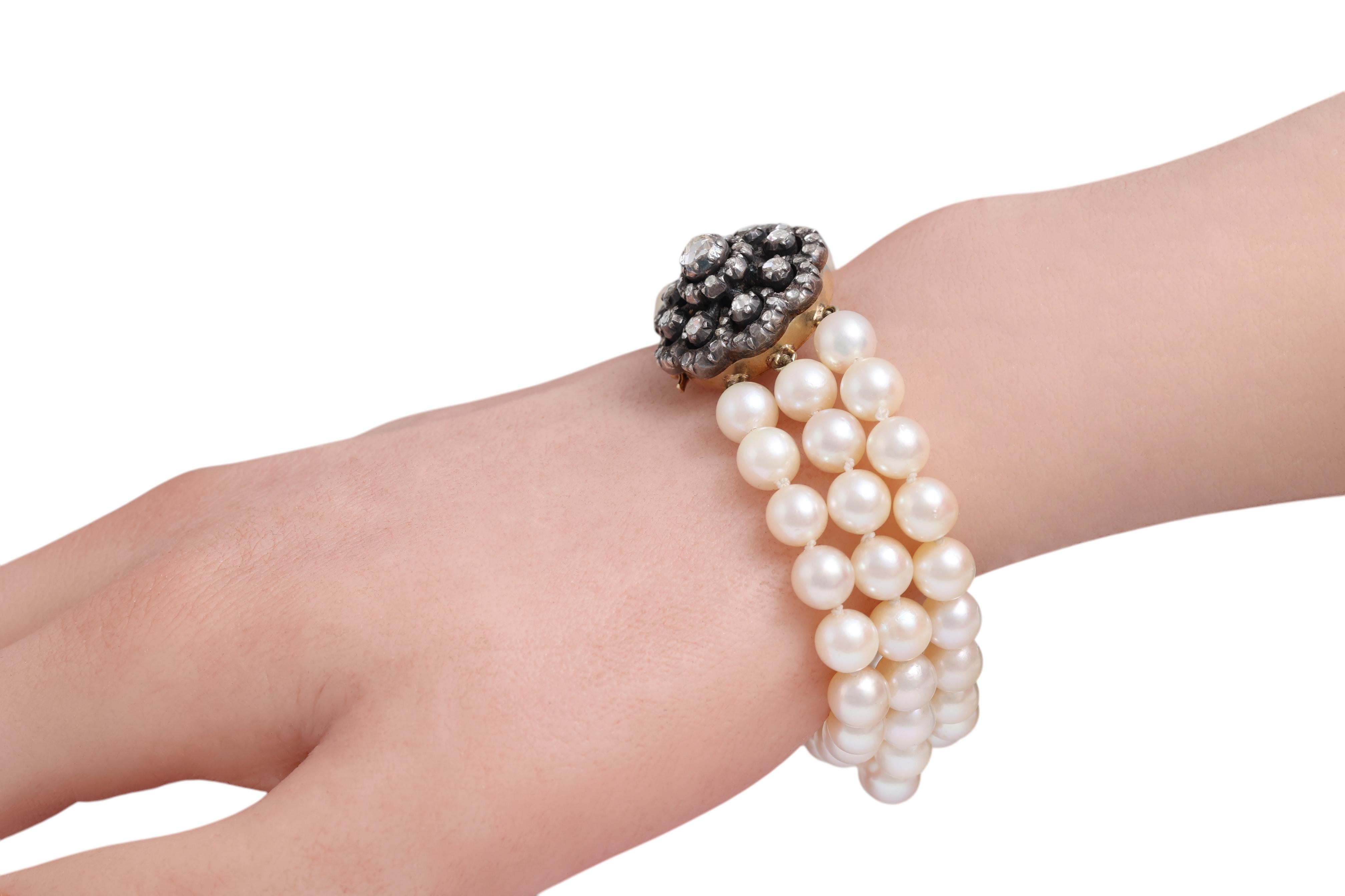 Bracciale a 3 file di perle in argento e oro e diamanti taglio rosa in vendita 6