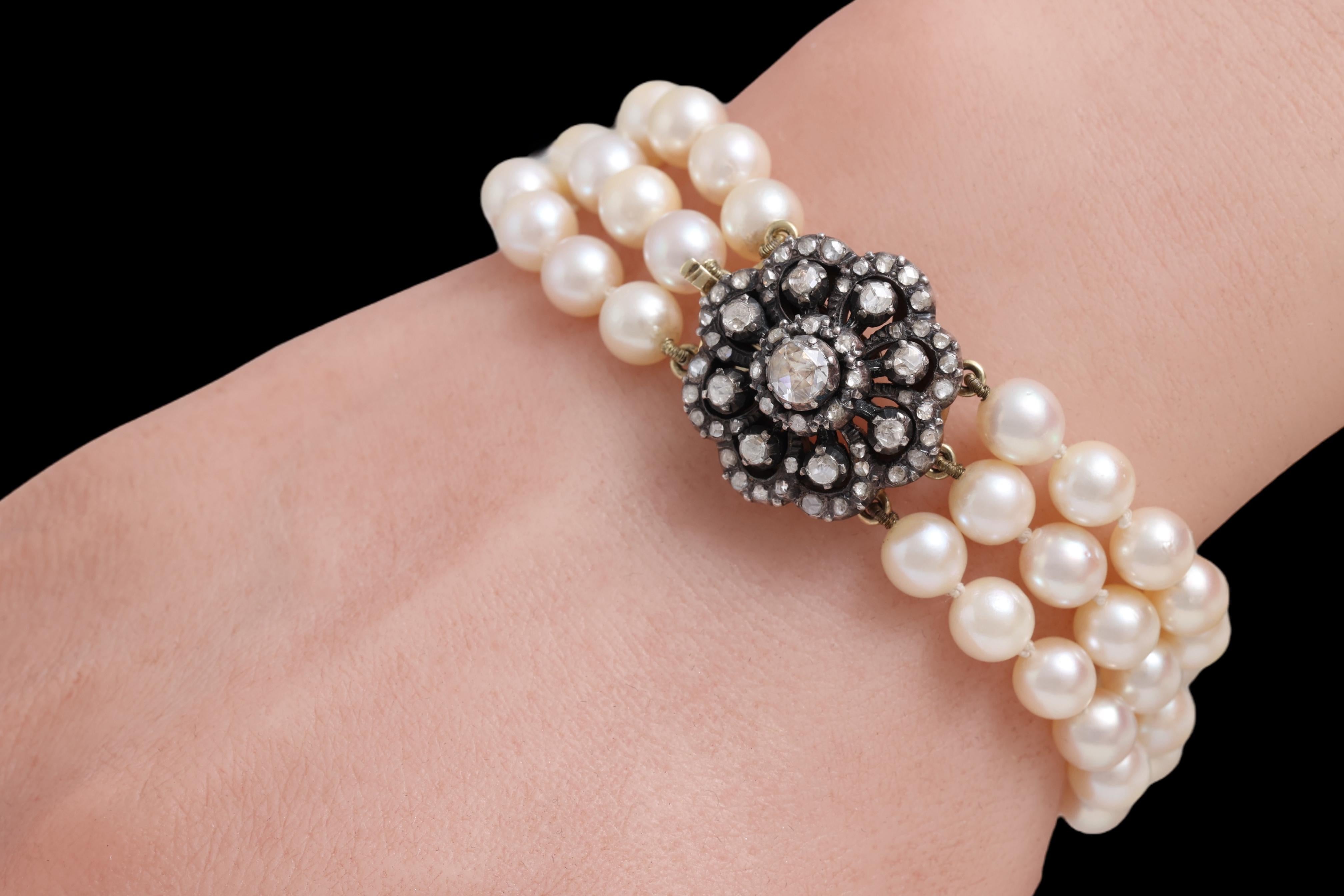 Bracciale a 3 file di perle in argento e oro e diamanti taglio rosa in vendita 7