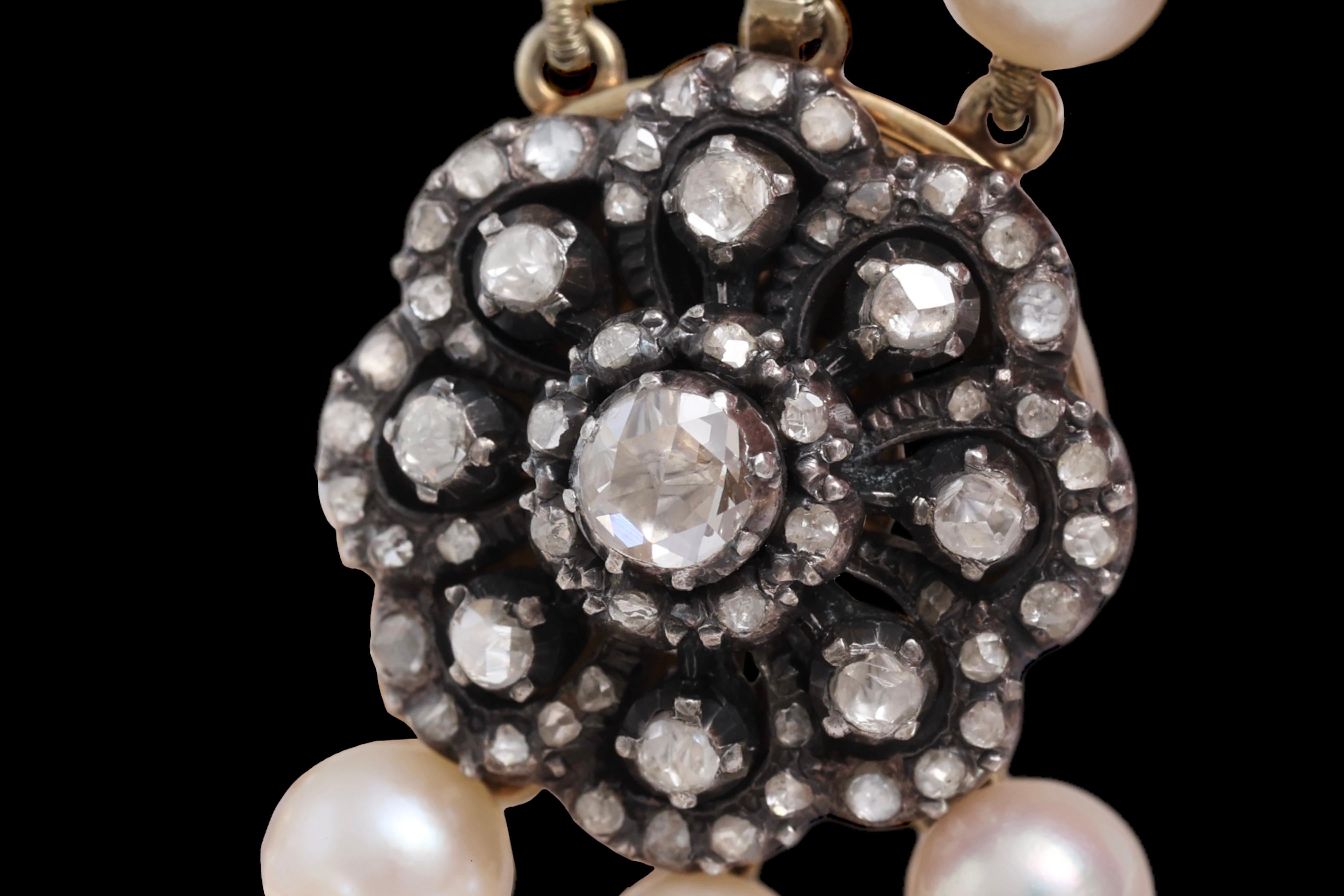 Taglio a rosa Bracciale a 3 file di perle in argento e oro e diamanti taglio rosa in vendita