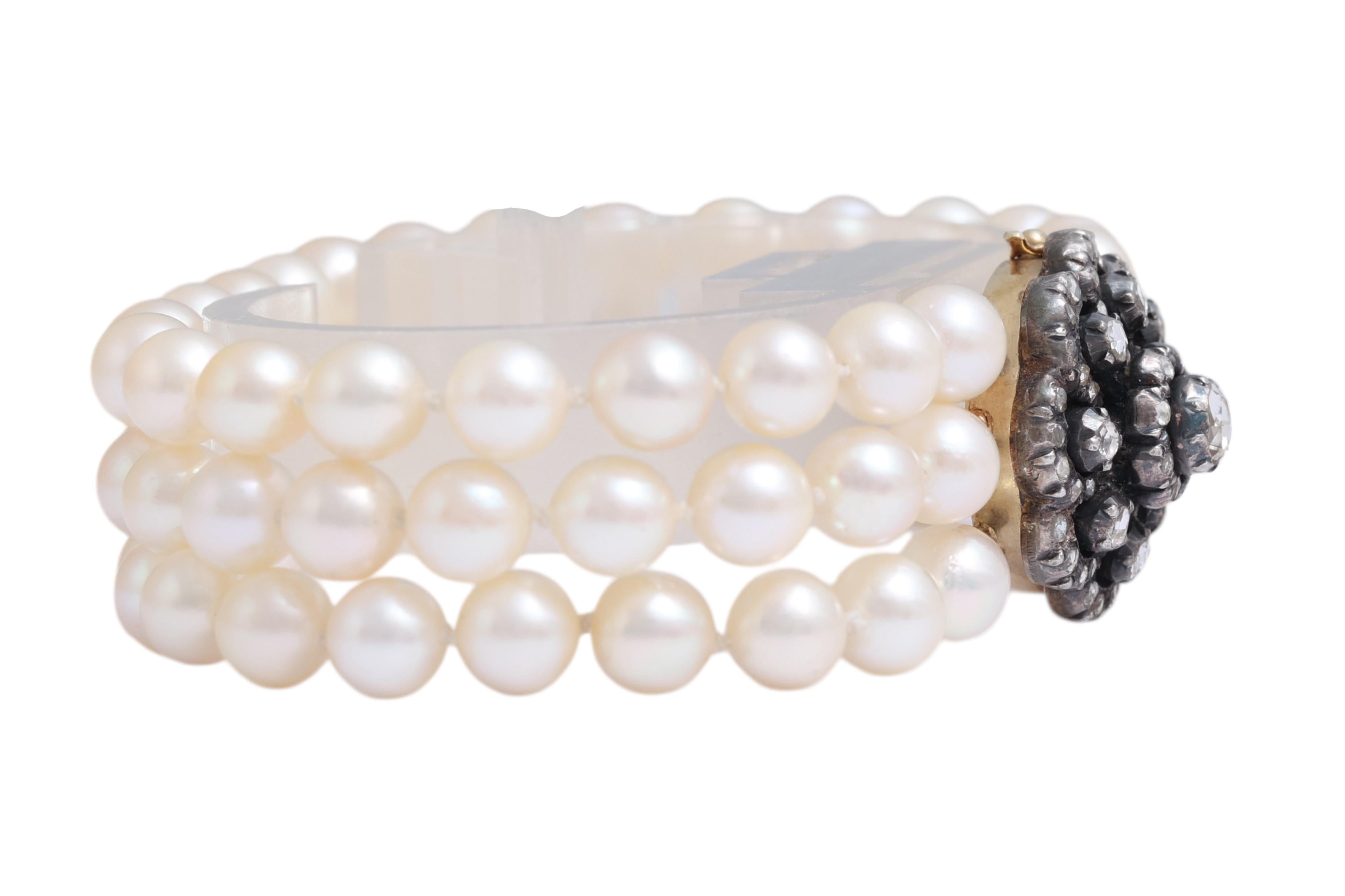 da uomo o donna Bracciale a 3 file di perle in argento e oro e diamanti taglio rosa in vendita