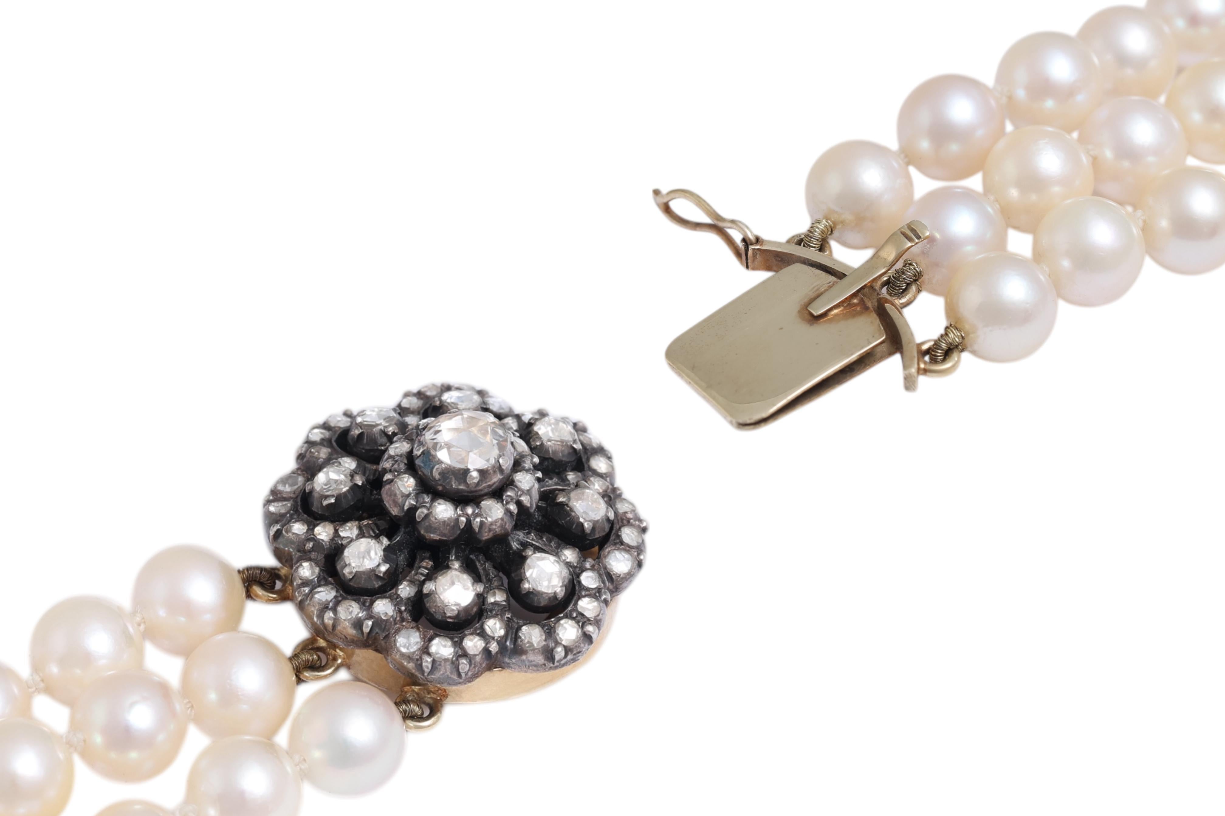 Bracciale a 3 file di perle in argento e oro e diamanti taglio rosa in vendita 3