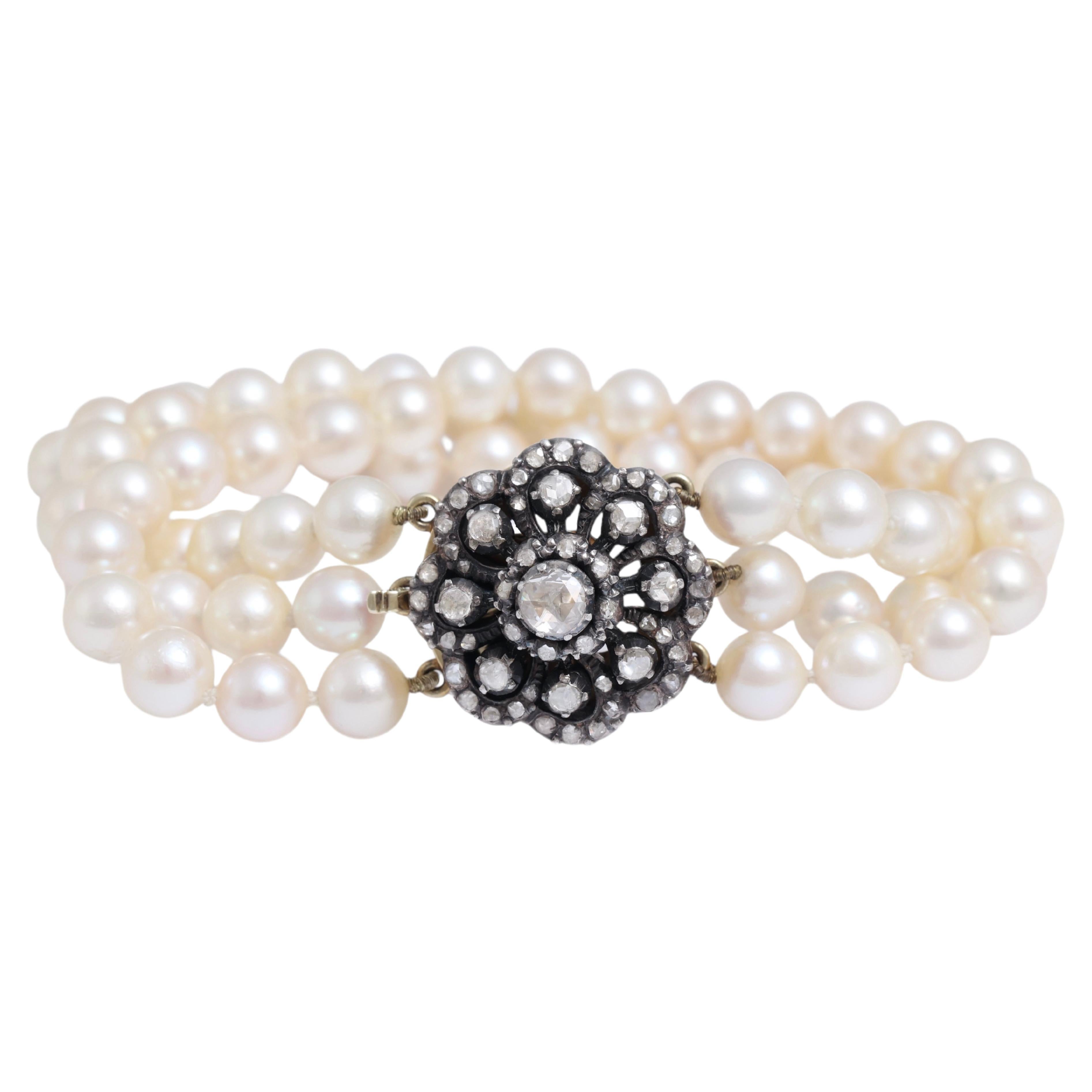 Bracciale a 3 file di perle in argento e oro e diamanti taglio rosa in vendita