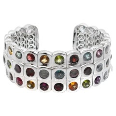 3-Row Rainbow Gemstone Cuff Bangle in 18K White Gold