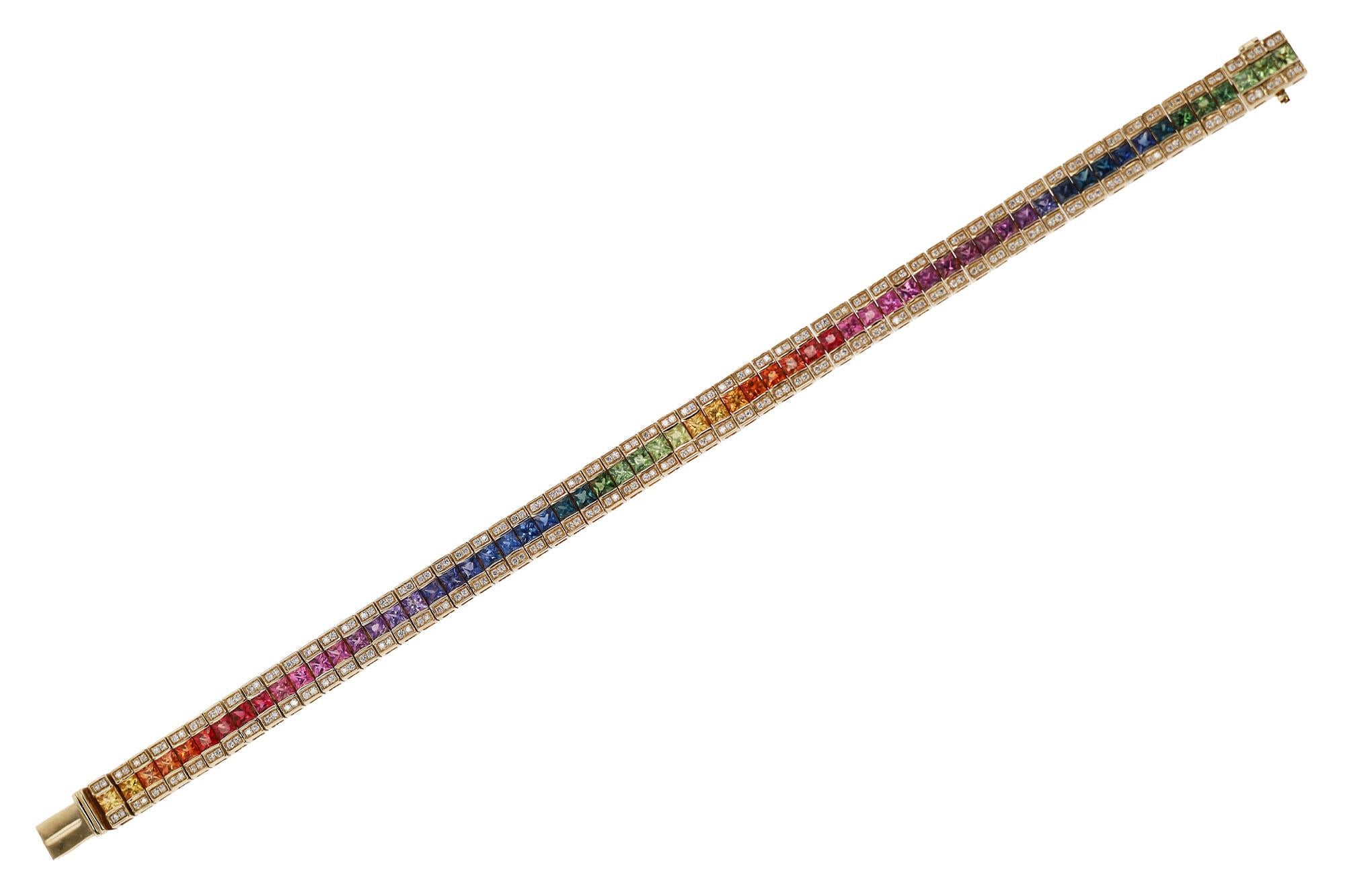 Contemporary 3 Row Rainbow Sapphire & Diamond Straight Line Tennis Bracelet For Sale