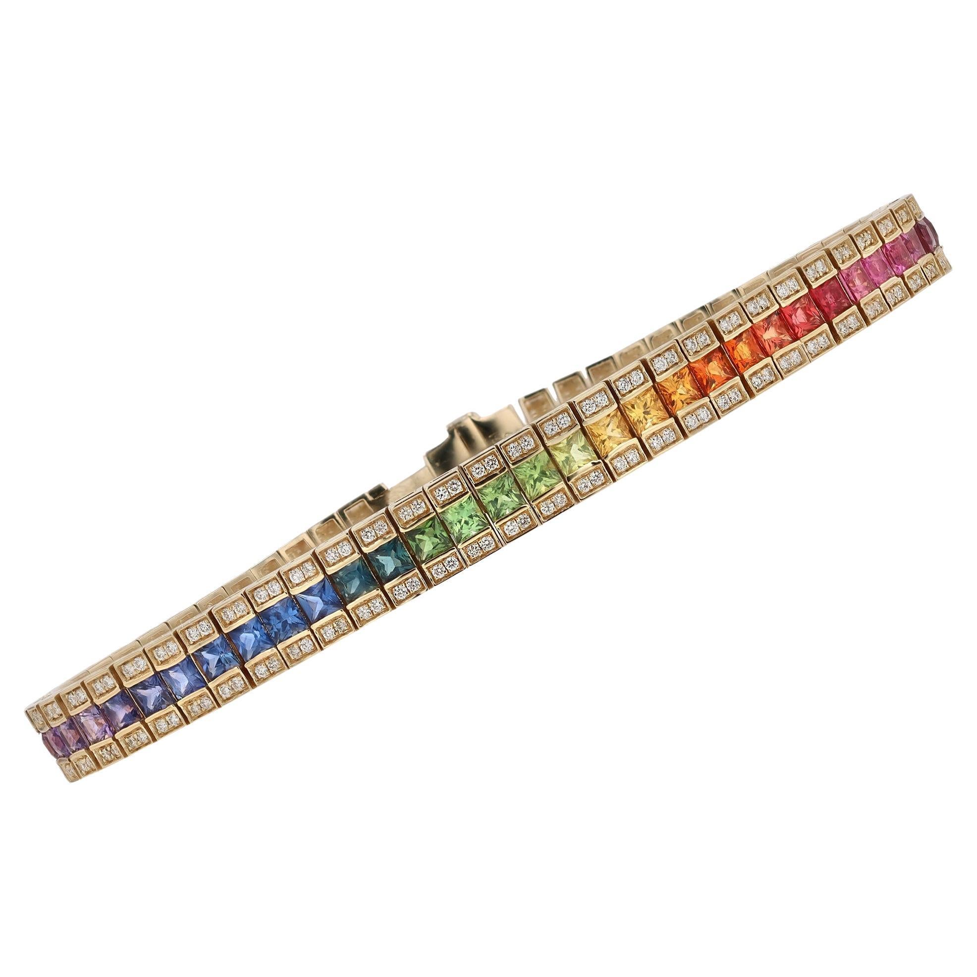3 Row Rainbow Sapphire & Diamond Straight Line Tennis Bracelet For Sale