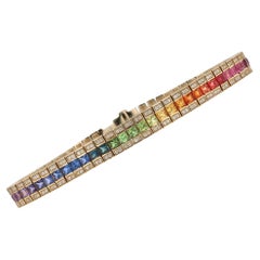 3 Row Rainbow Sapphire & Diamond Straight Line Tennis Bracelet