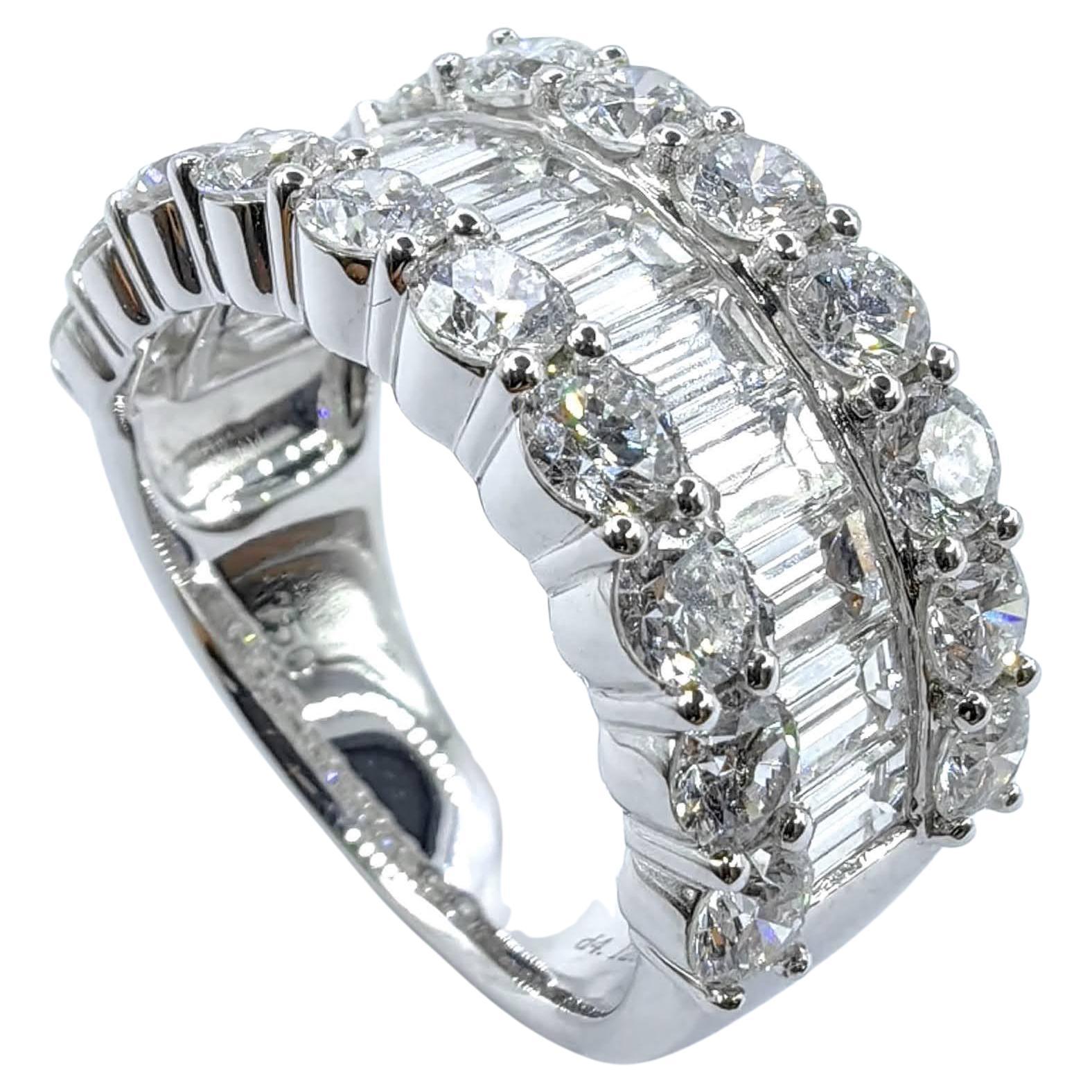 3 Row Round & Baguette Cut Diamonds Wide Band Eternity Ring in 18K White Gold