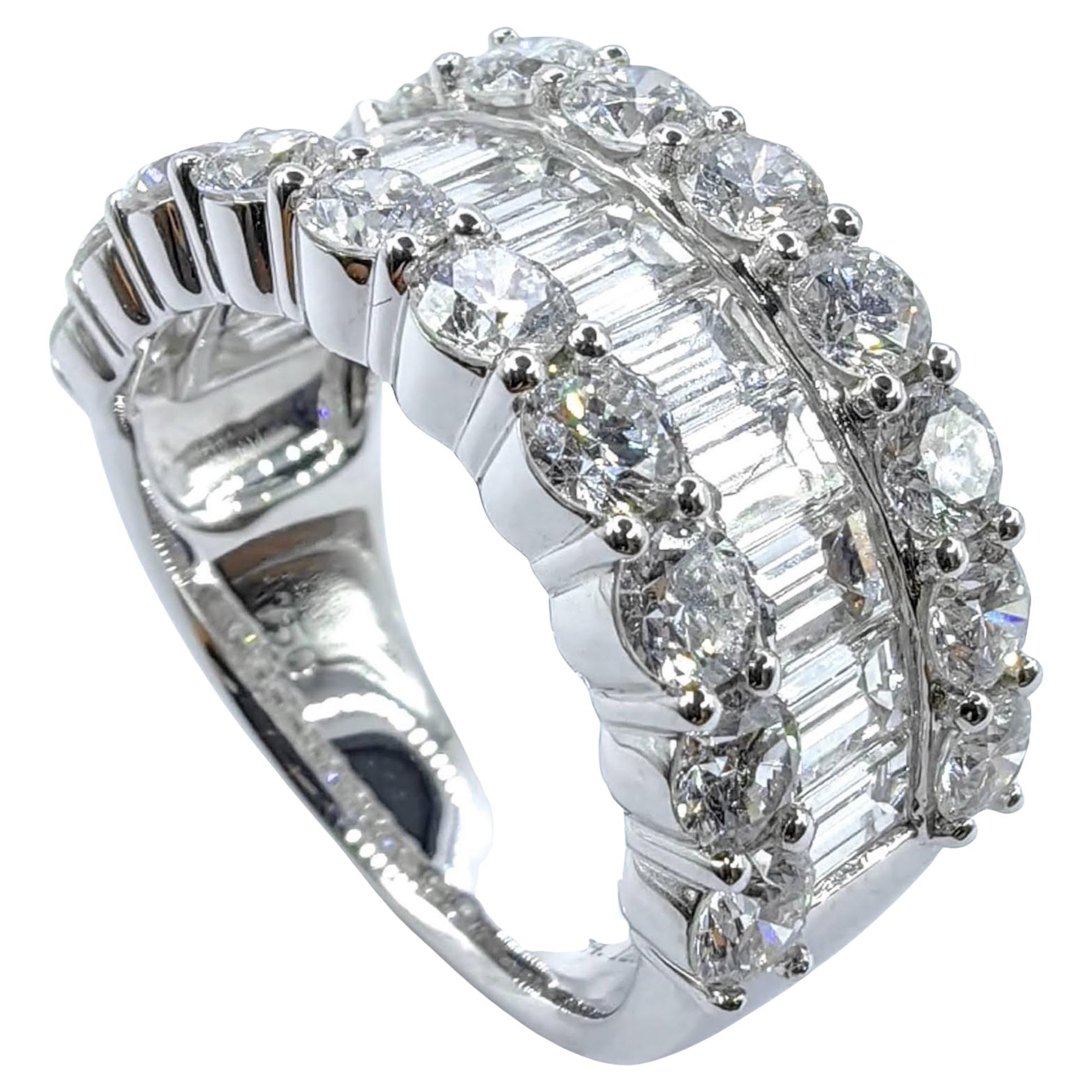 3 Row Round & Baguette Cut Diamonds Wide Band Eternity Ring in 18K White Gold For Sale