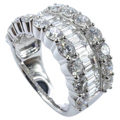 3 Row Round & Baguette Cut Diamonds Wide Band Eternity Ring in 18K White Gold