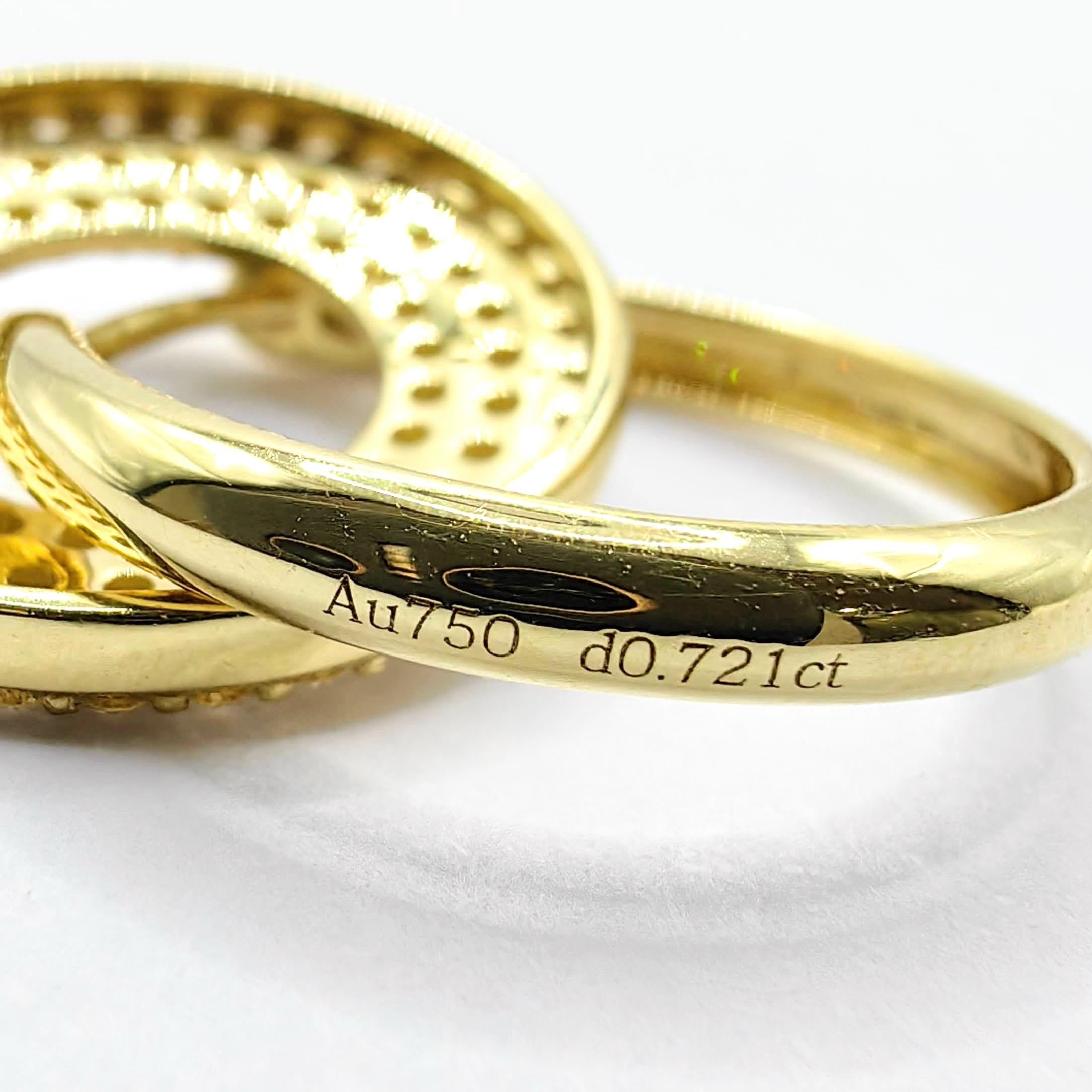 Boucles d'oreilles pendantes circulaires en or jaune 18 carats avec 3 rangs de diamants ronds taillés en brillant et pavés en vente 11