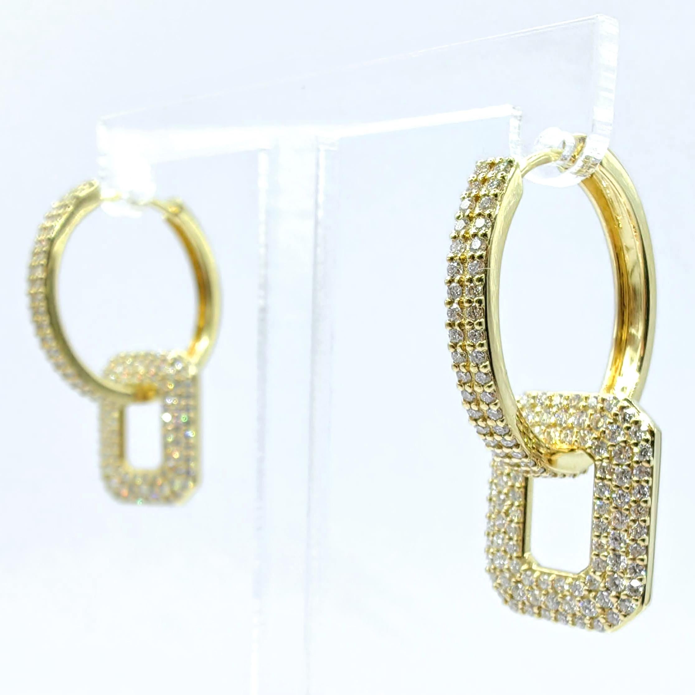 Contemporain Boucles d'oreilles pendantes en or jaune 18 carats avec pavé de diamants octogonaux à 3 rangs de diamants ronds taillés en brillant en vente