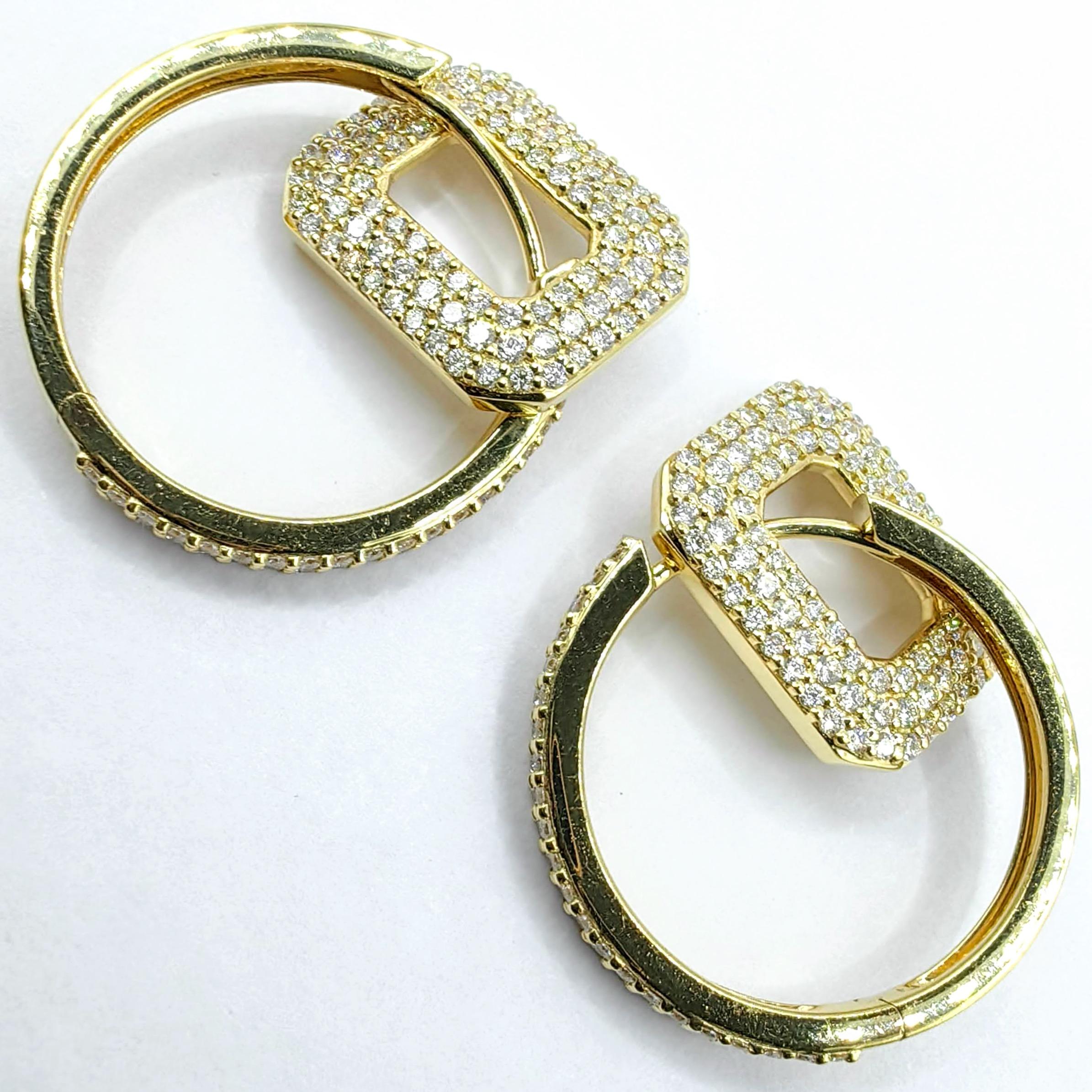 Boucles d'oreilles pendantes en or jaune 18 carats avec pavé de diamants octogonaux à 3 rangs de diamants ronds taillés en brillant Pour femmes en vente