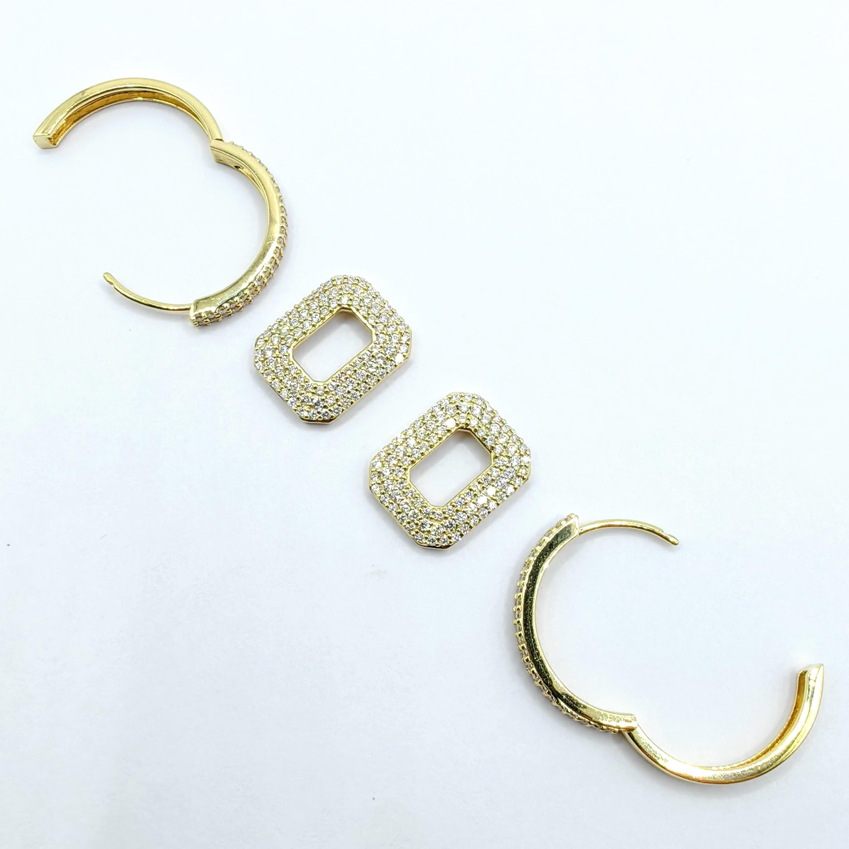 Boucles d'oreilles pendantes en or jaune 18 carats avec pavé de diamants octogonaux à 3 rangs de diamants ronds taillés en brillant en vente 2