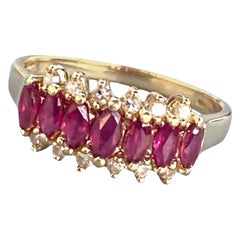 Antique 3-Row Ruby and Diamond Ring 1.00 Carat 14 Karat Yellow Gold