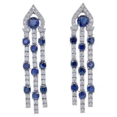 3 Row Sapphire & Diamond Dangle Drop Earring in White Gold
