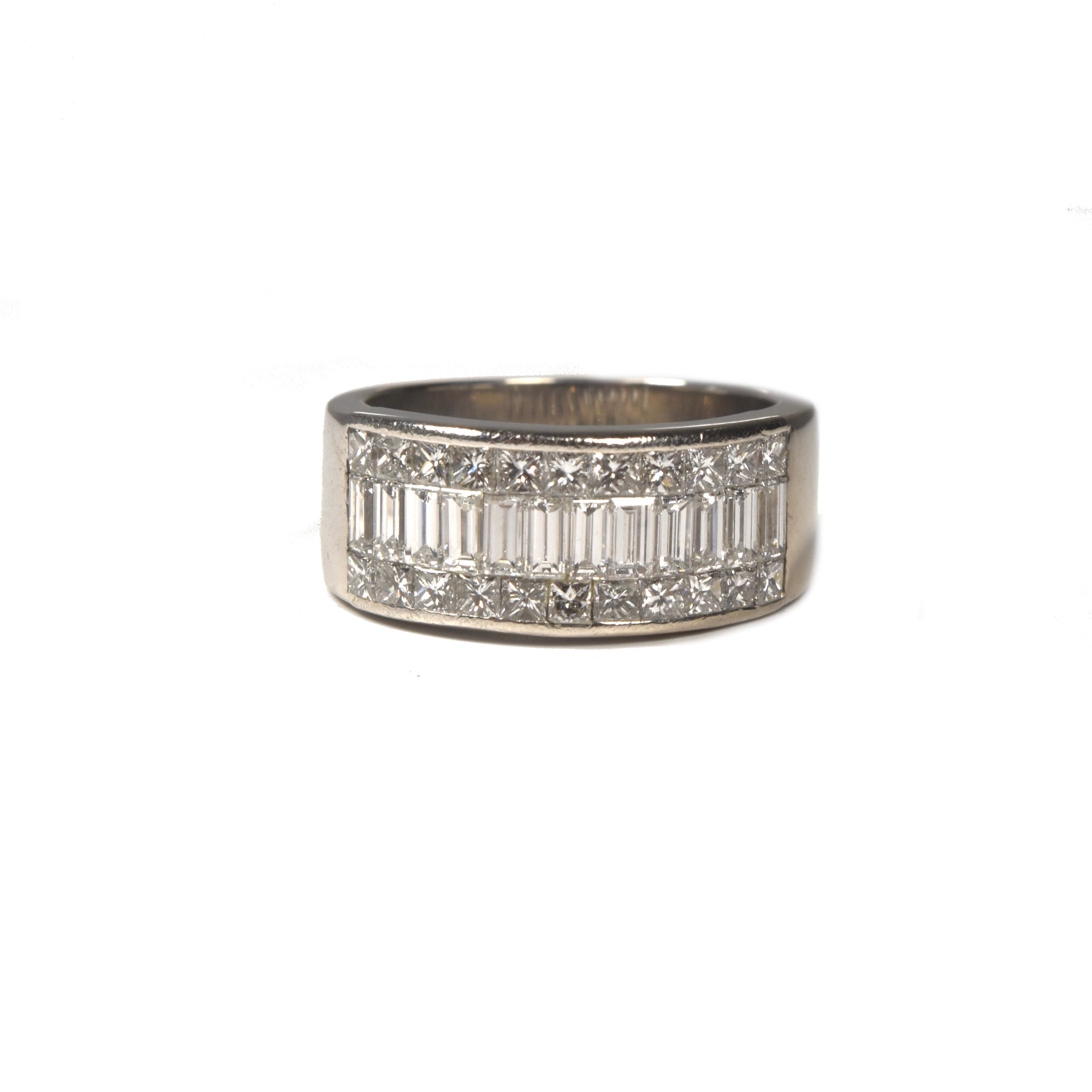 Modern 3 Rows Baguette and Princess Diamond White Gold Pave Ring