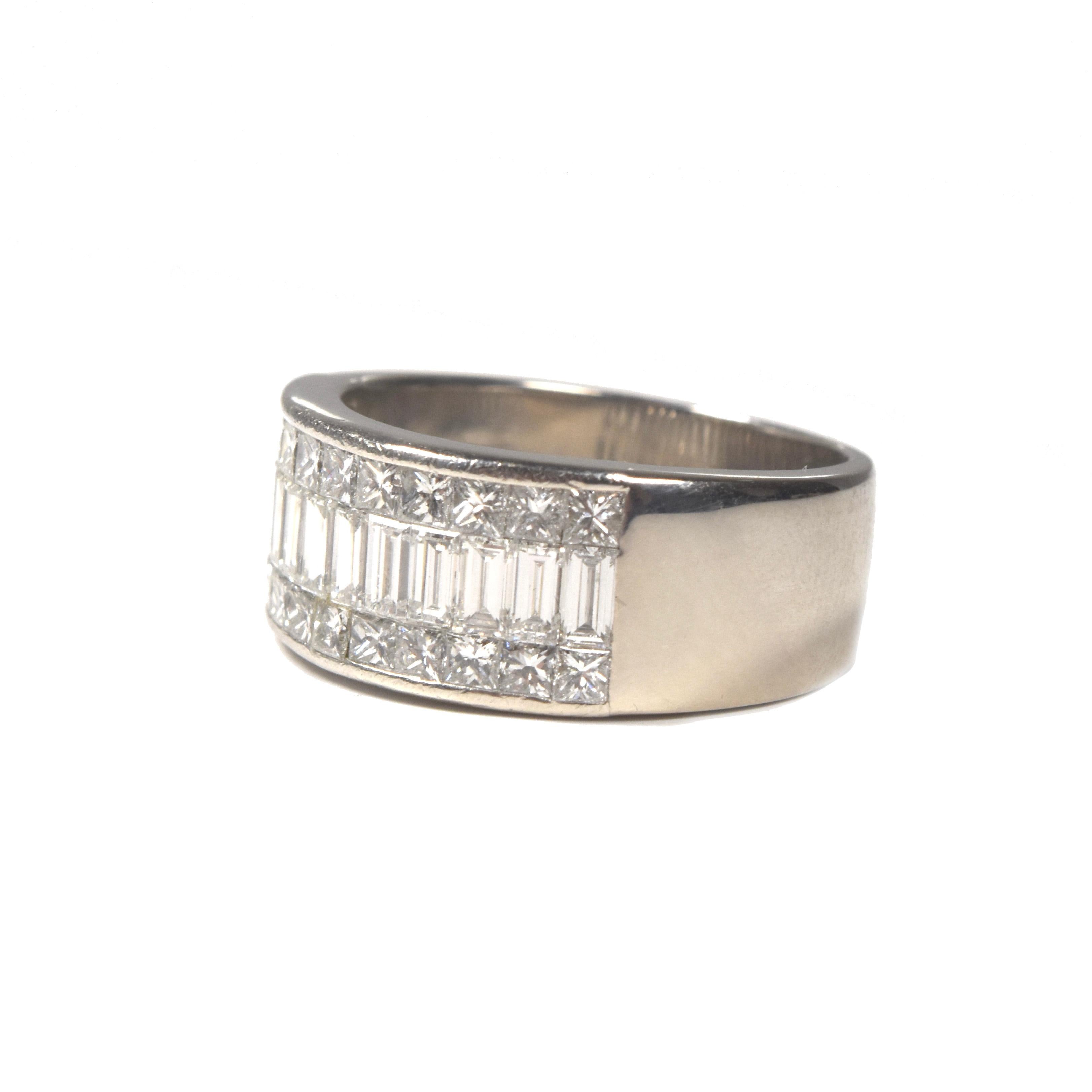 Baguette Cut 3 Rows Baguette and Princess Diamond White Gold Pave Ring