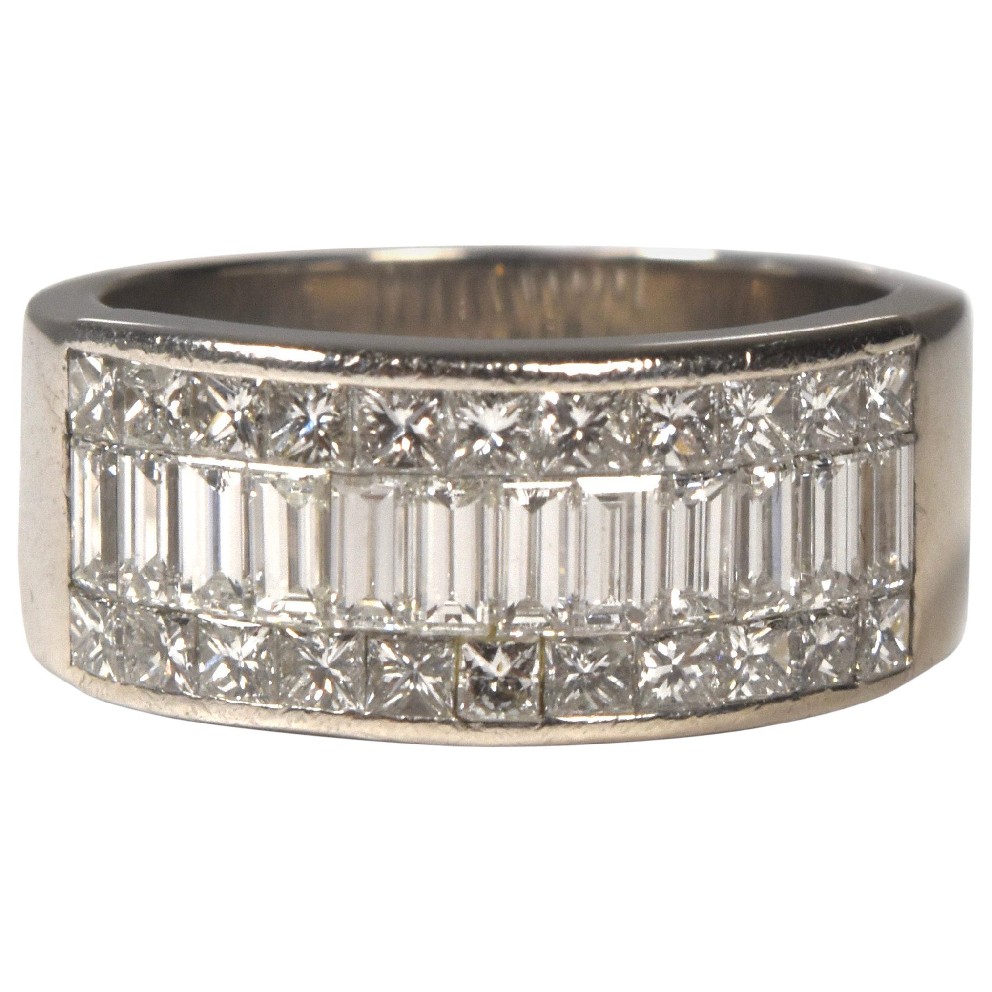3 Rows Baguette and Princess Diamond White Gold Pave Ring