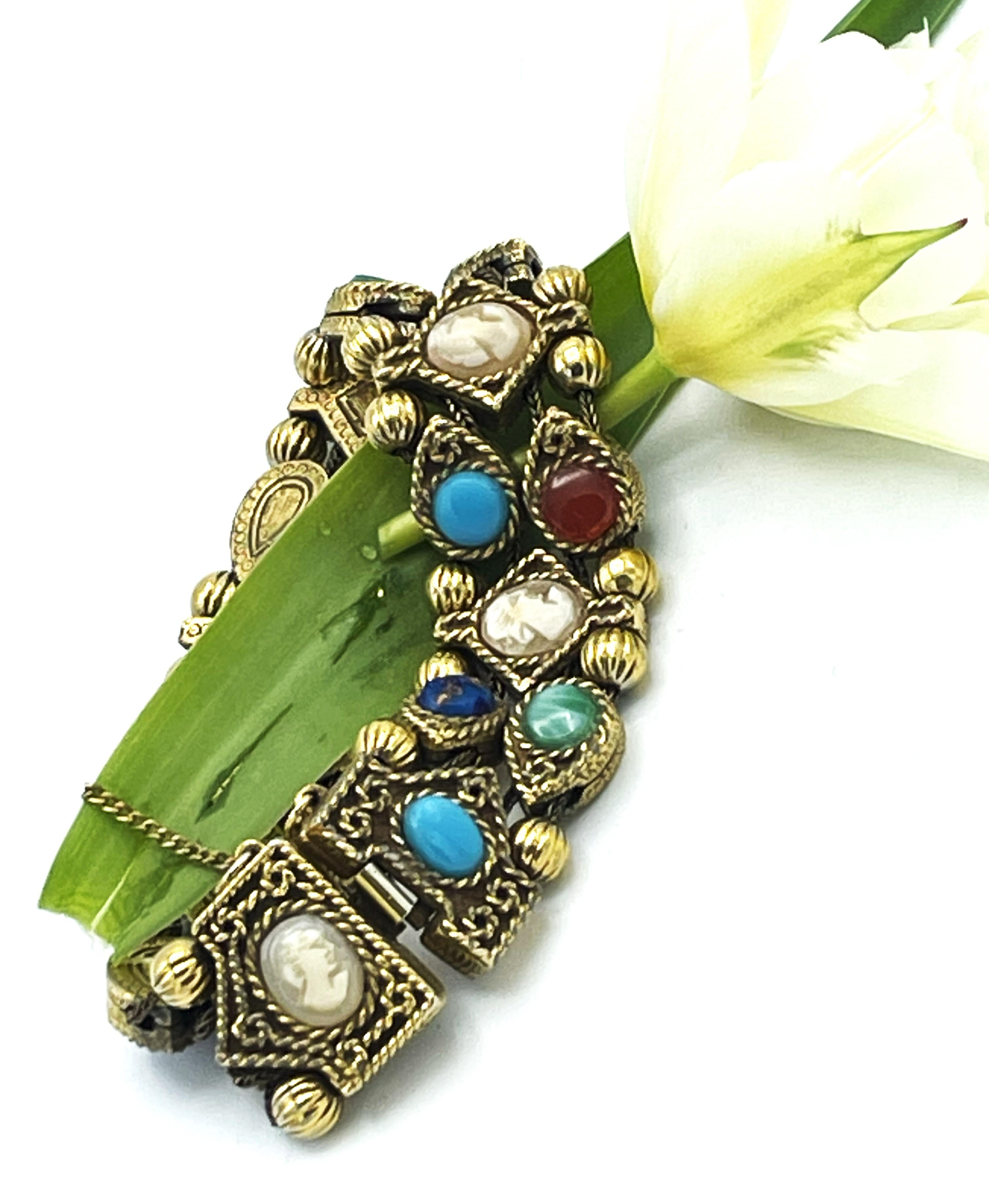  3 rows of movable Bracelet with gems and colorful glass stones, gold plated  For Sale 3