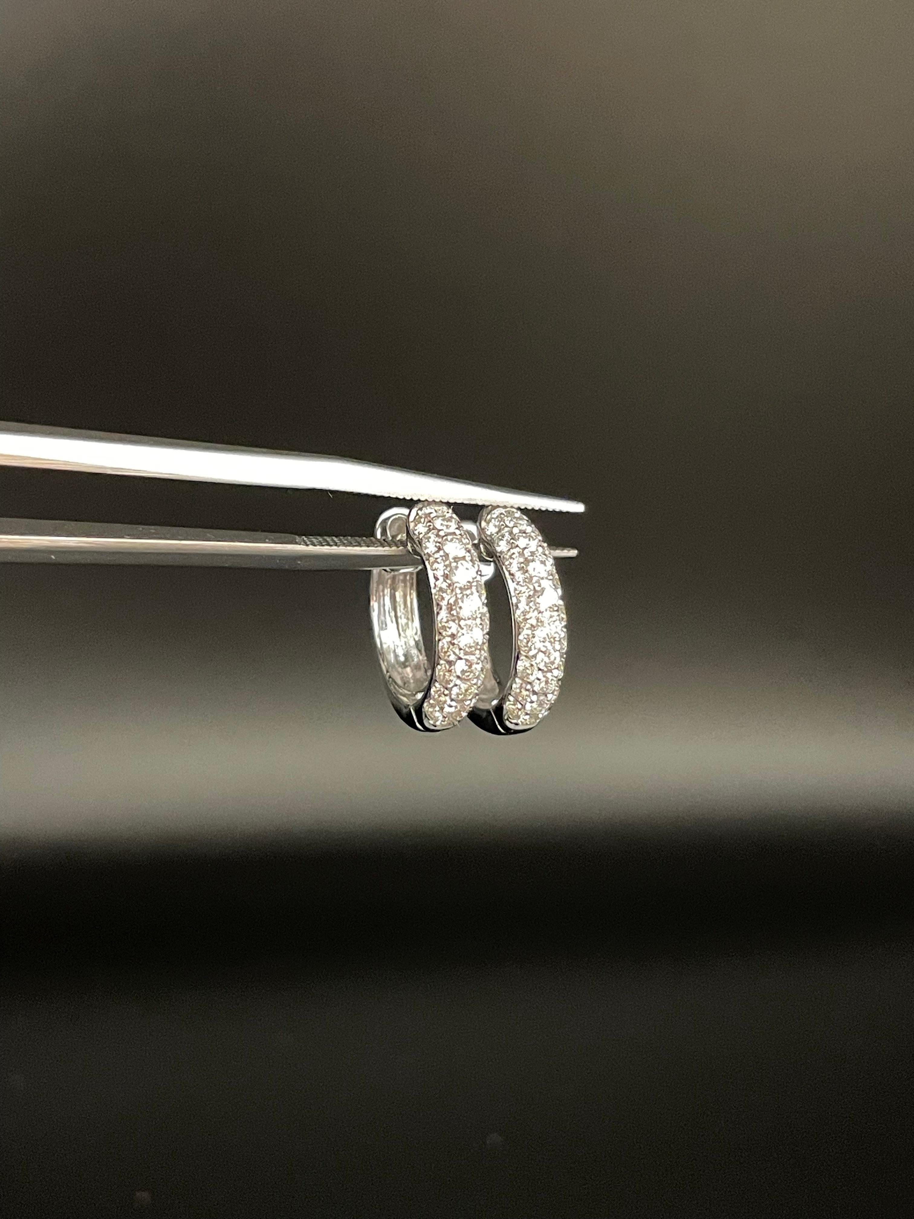 3 rows Pave set Diamond Hoop Earrings in middle size For Sale 2
