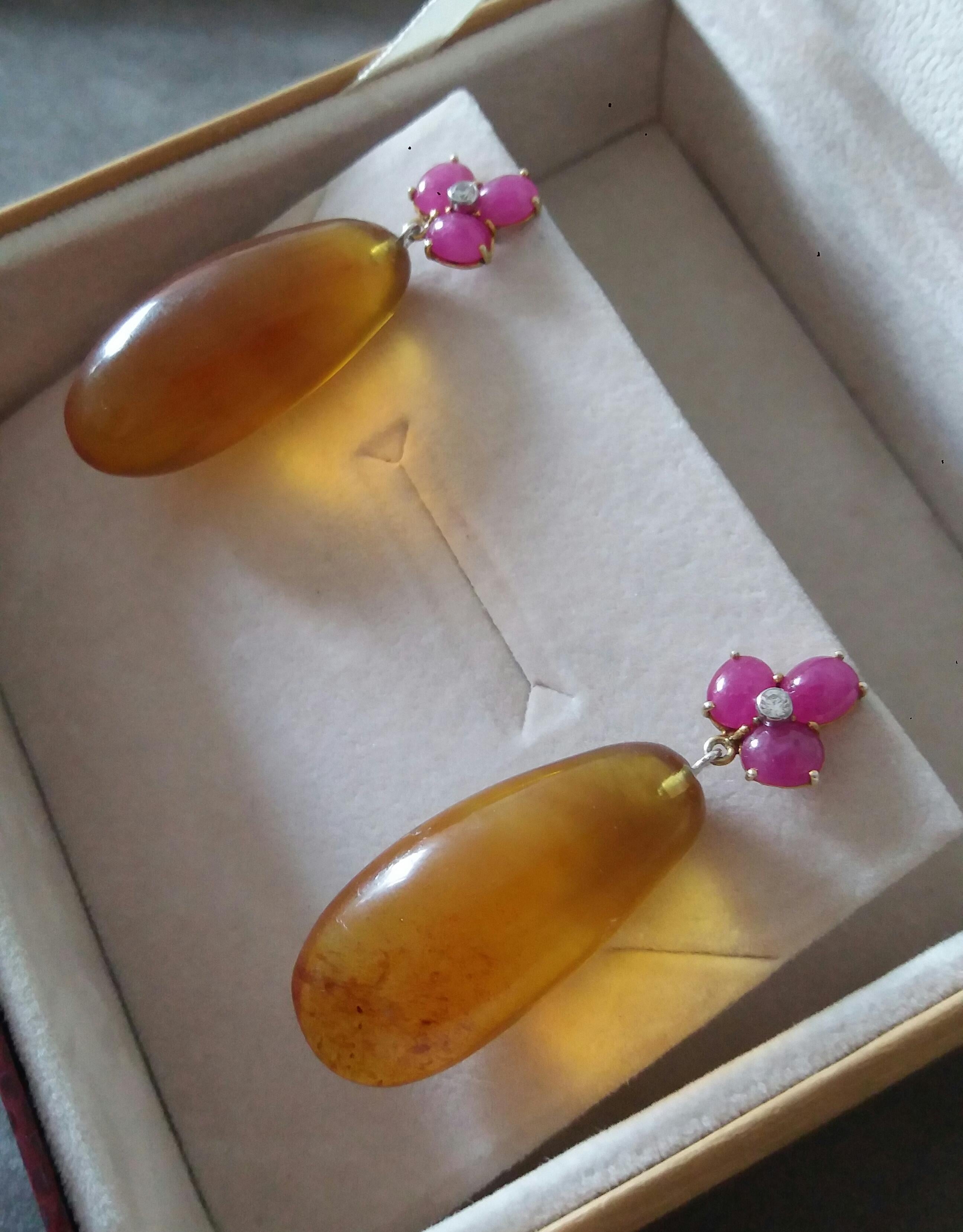 3 Ruby Oval Cabs 14 Kt Yellow Gold Diamonds Burmese Honey Amber Drops Earrings For Sale 4