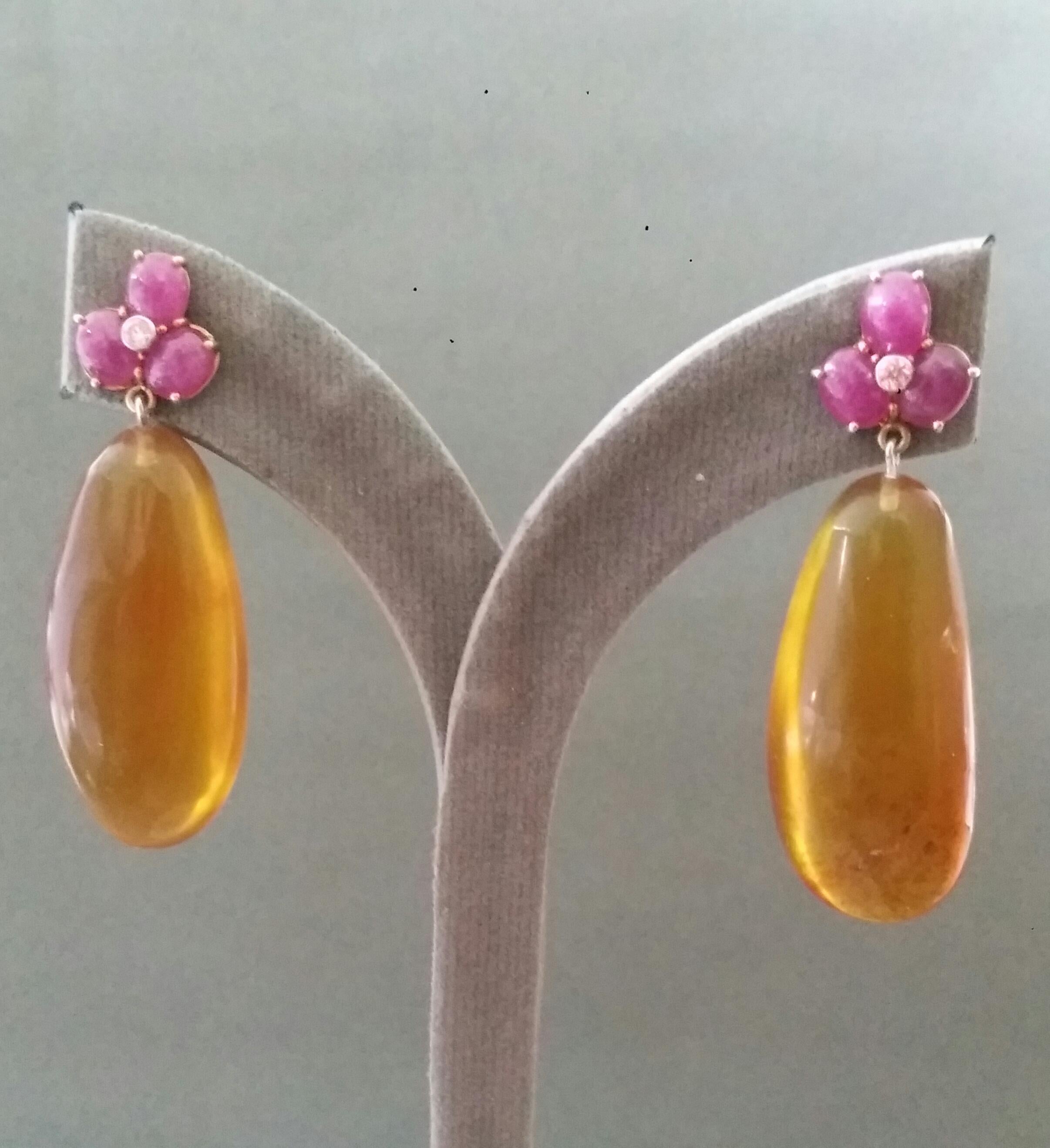 3 Ruby Oval Cabs 14 Kt Yellow Gold Diamonds Burmese Honey Amber Drops Earrings For Sale 5